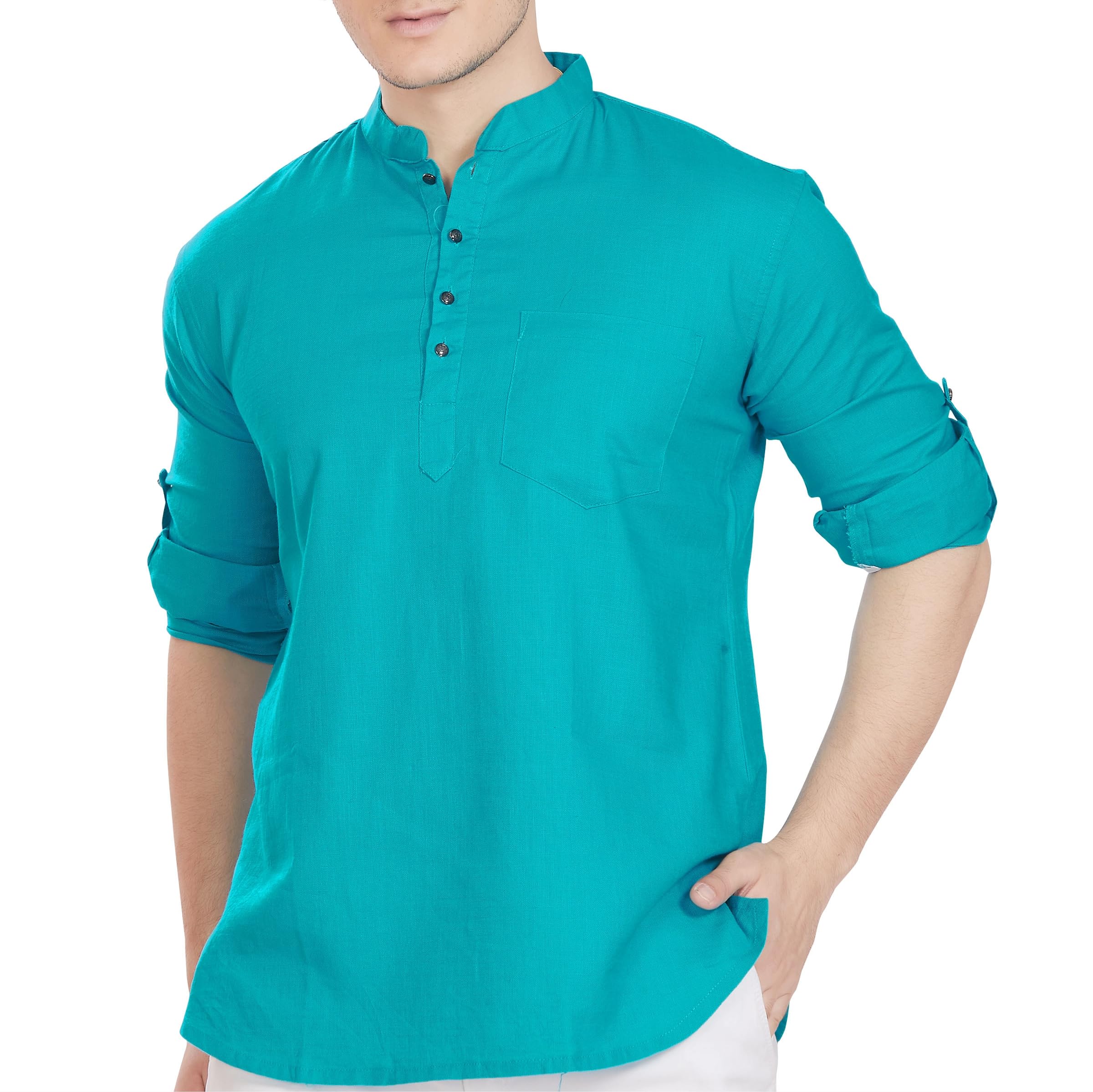 Divisive Men's Pure Cotton Relaxed Fit Short Kurta (Dkrt260_L_Turquoise)