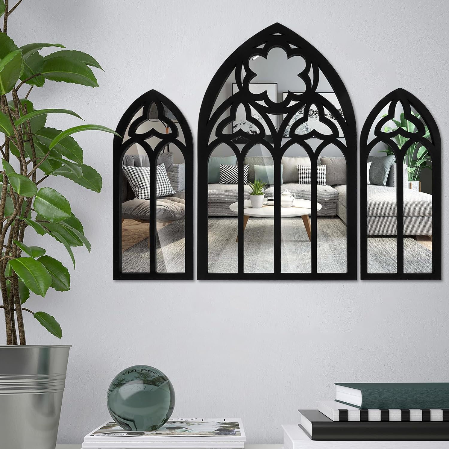 3Pcs Wall Arch Mirrors Set, Gothic WallMounted Mirrors Decor Cathedral