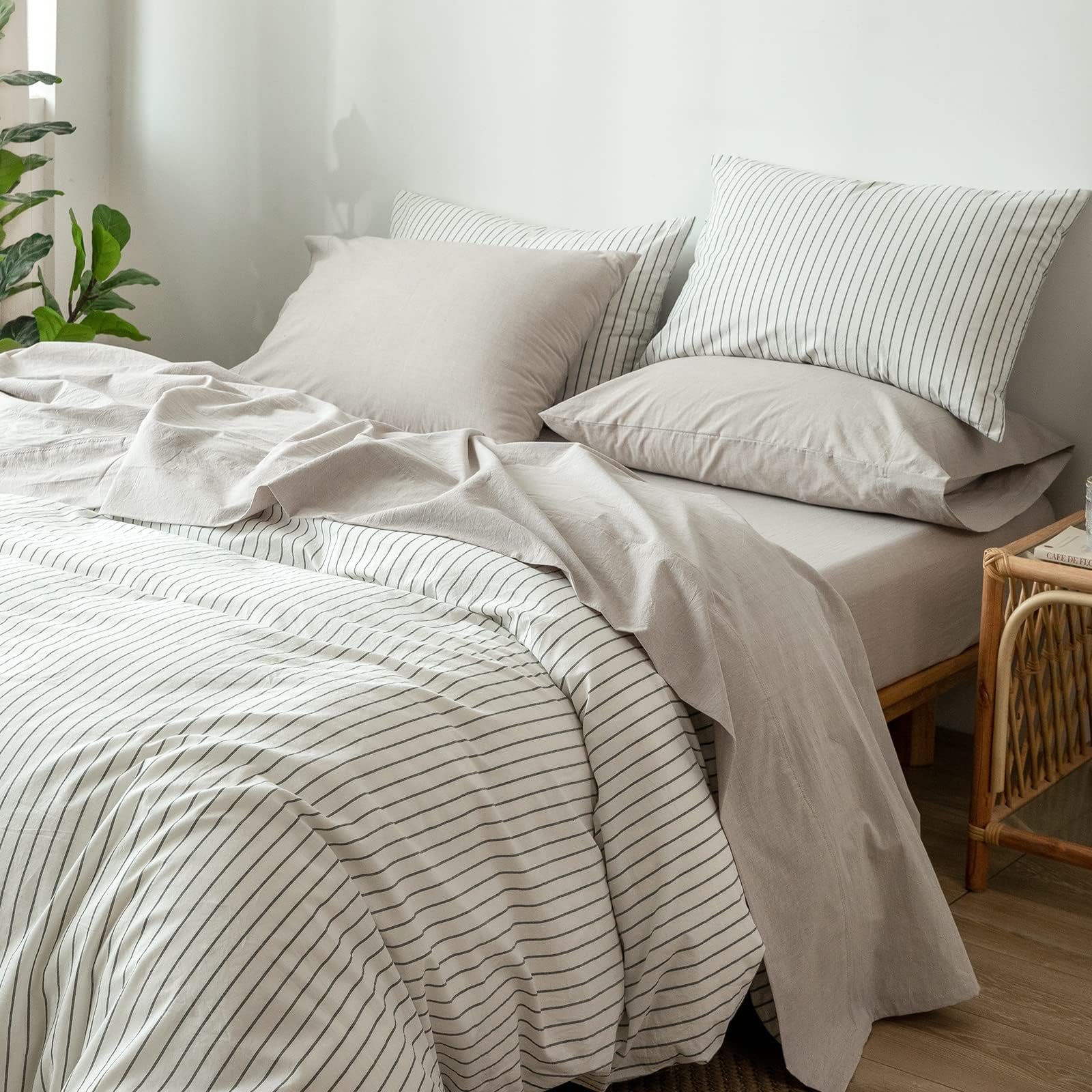 MOOMEEBedding Sheet Set 100% Washed Cotton Linen Like Textured Breathable Durable Soft Comfy (Tannish Linen Grey, King)