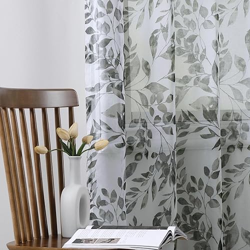Miniatura 9 de Cortinas traslúcidas de 95 pulgadas de largo para sala de estar, cortinas semitraslúcidas filtrantes de luz, cortinas florales impresas con hojas