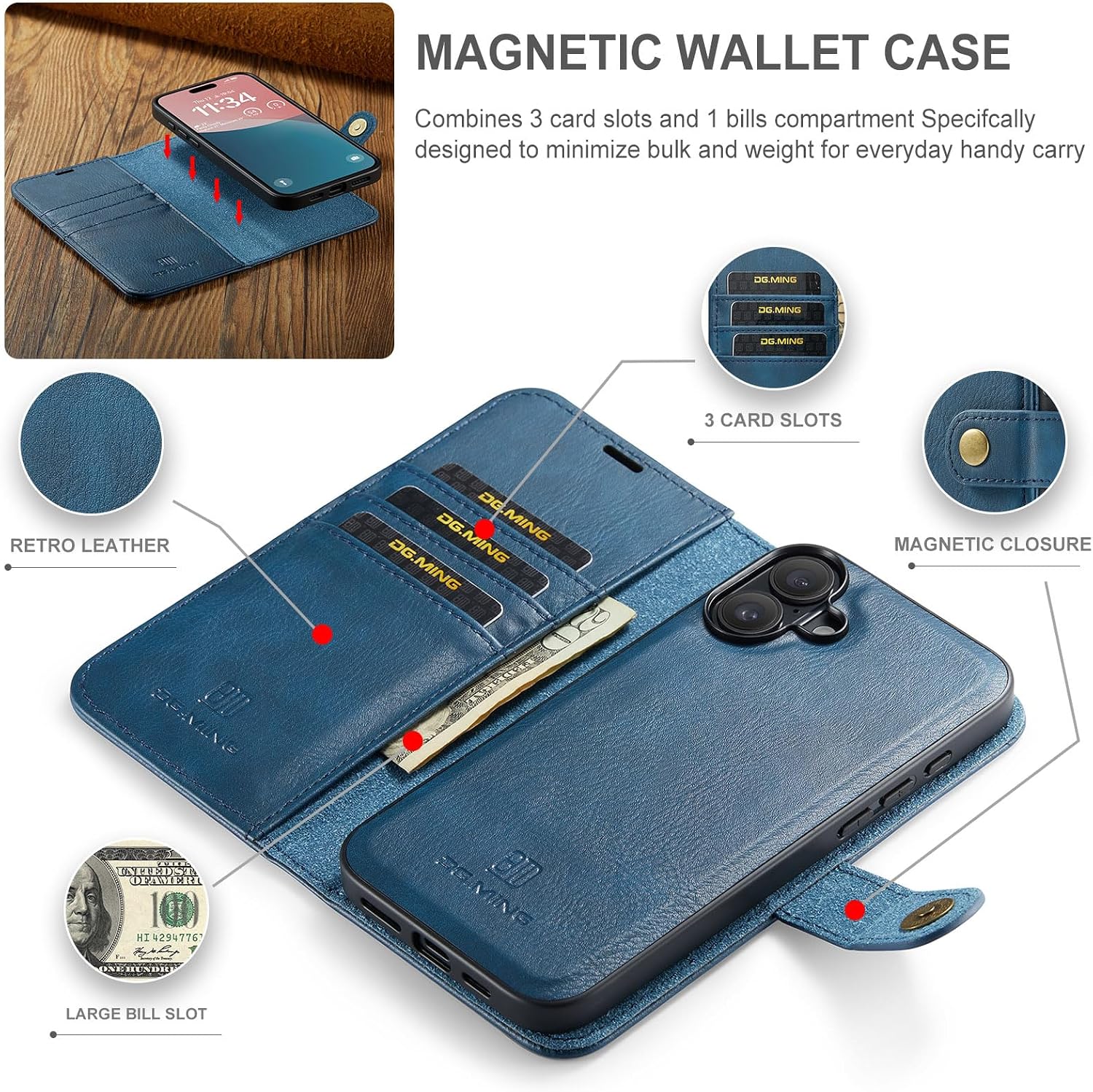 Detachable 2 in 1 Split Magnetic Flip Folio Wallet Case Compatible with iPhone 16 Plus Genuine Leather Phone Case with 3 Card Holder Slots Kickstand Shockproof Cover(Blue)