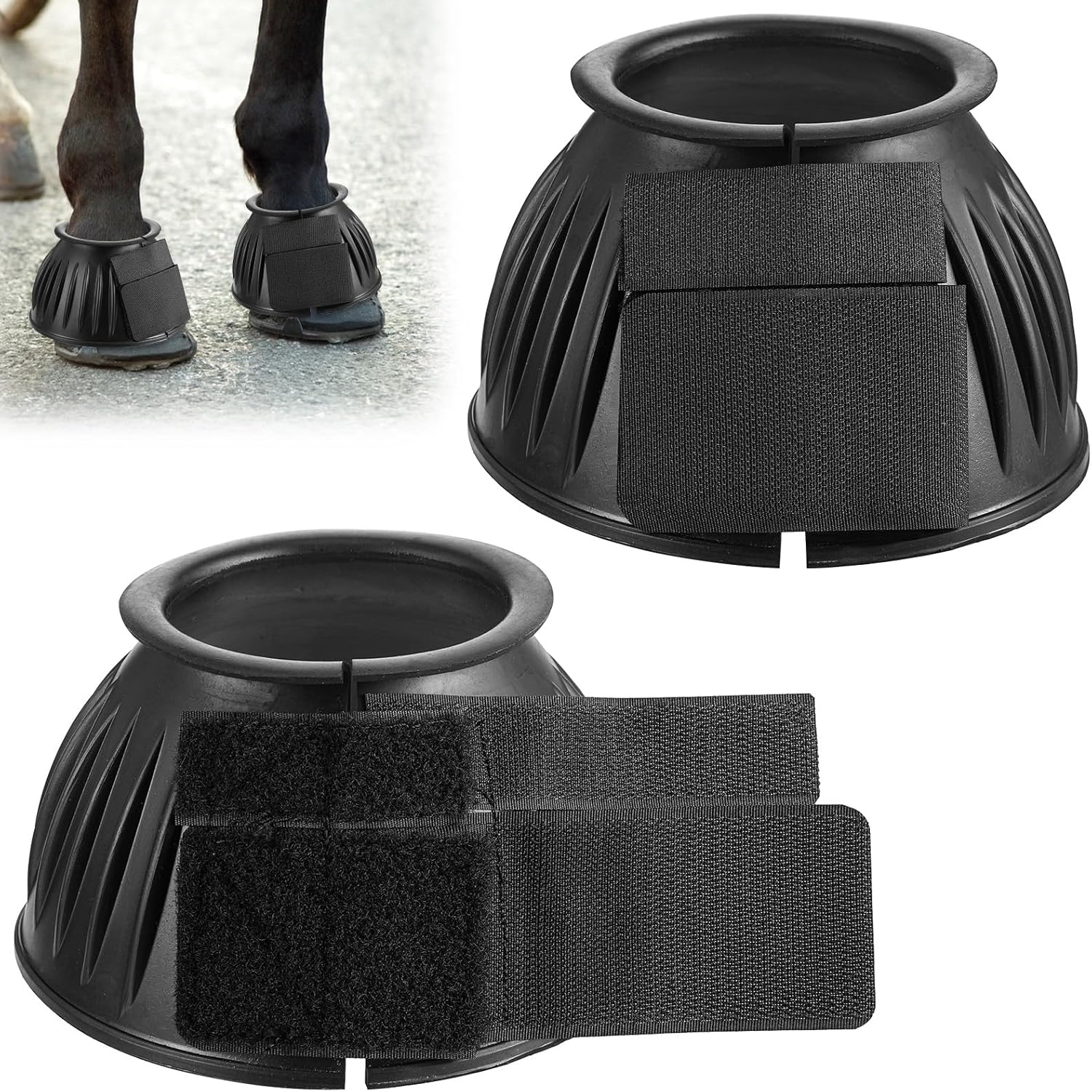 JIEYAO 1 Pair Black Horse Bell Boots Protect, Double Lock Horse Care Boots, Rubber Horse Boot No-Rub Bell Boots for Horses Quick Wrap Hook & Loop for Shield Turnout Against Hoof Impact Trauma