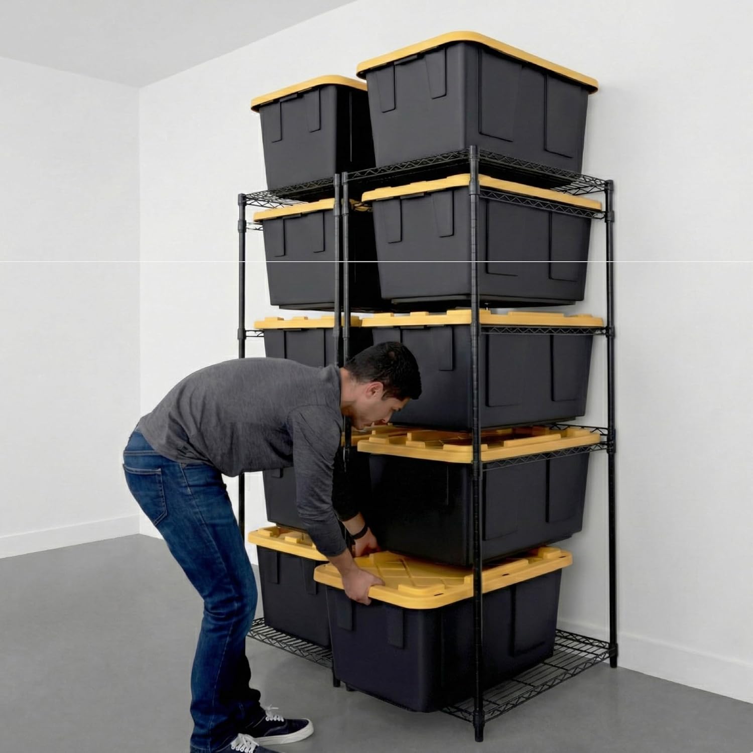 MonsterRAX 5-Tier Heavy Duty Garage Slide Rack for 27-Gallon Totes. Industrial metal organization, 250lb capacity, NSF Certified. (2-Pack) (Bins not included) (Black)