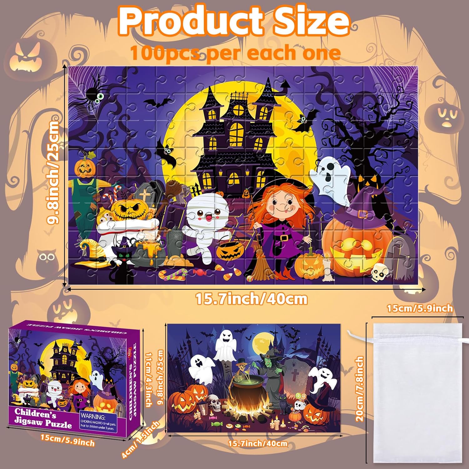 4 Packs 100Pcs Halloween Puzzle for Kids Ages 4-6 Halloween Pumpkin Jigsaw Puzzles for Toddlers 3-5 Ghost Castle Kids Puzzles Toys for Educational Game Spooky Family Puzzle Gift for Boys Girls