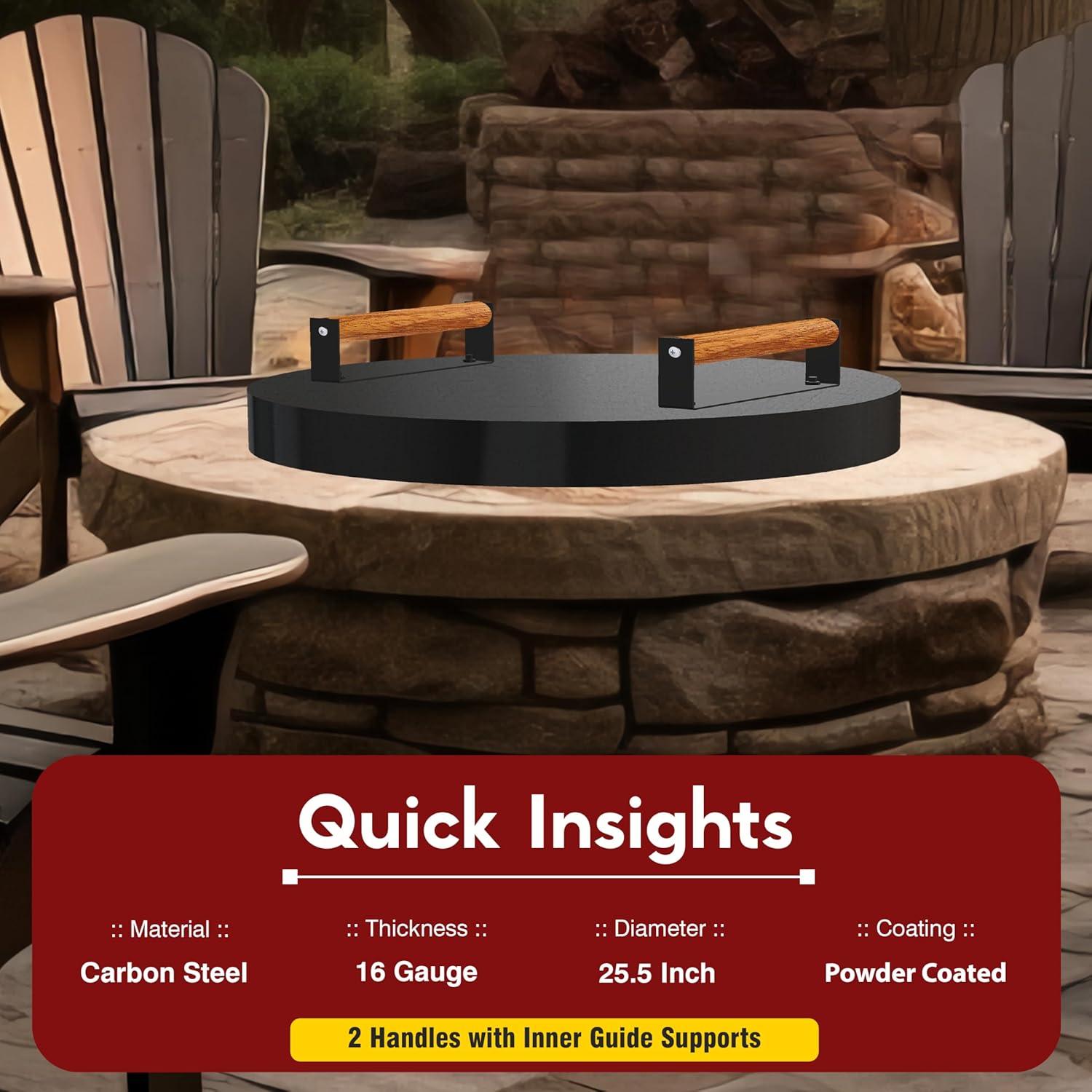 FEBTECH - Fire Pit Solid Cover 25.5 inch Compatible with Outdoor Fire Pits Inside Up to 23" - Carbon Steel Firepit Burner Pan Lid with 2 Wooden Handles - Firepit Accessories for Family Gatherings