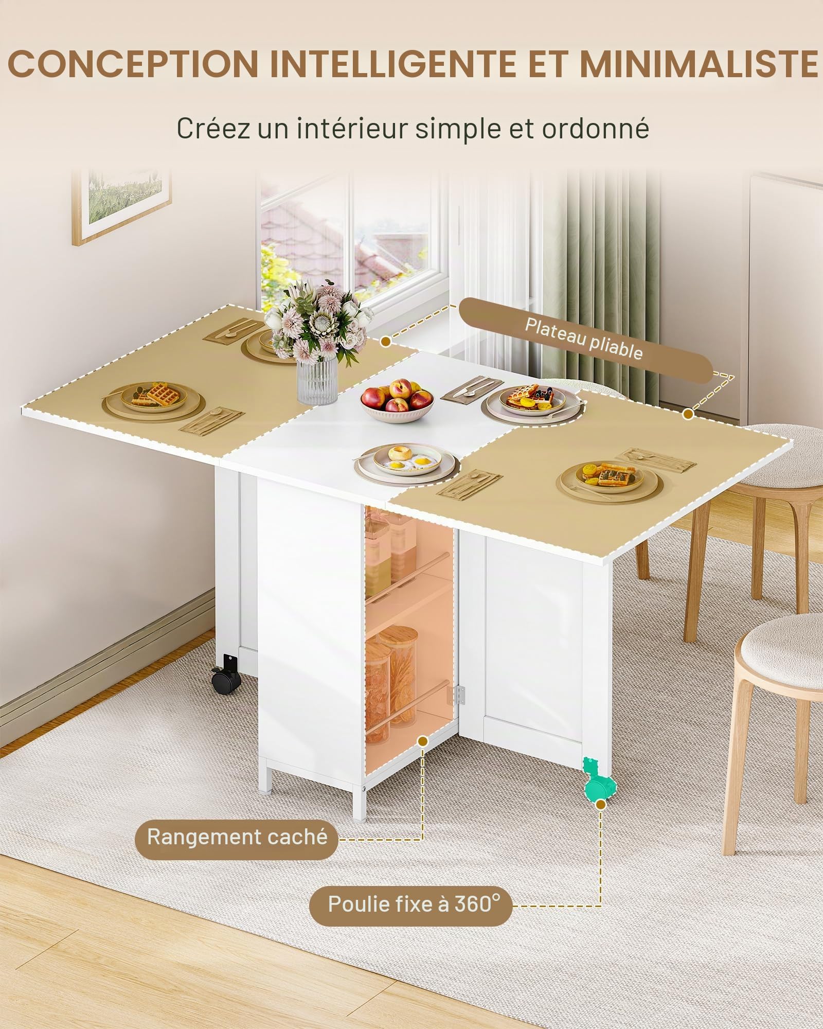 Hzuaneri Table à Manger Pliante, avec Roues, Blanc KT14003W