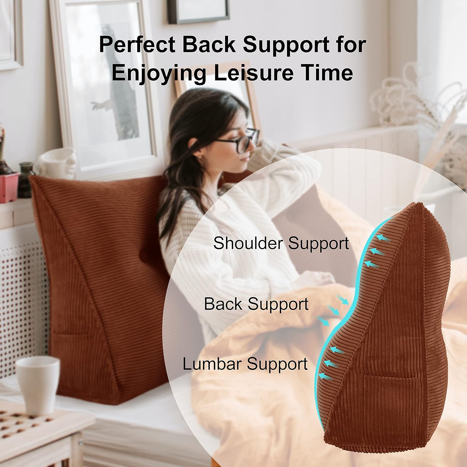 WOWMAX Large Filled Triangular Sofa Bed Back Cushion Positioning Support Backrest Pillows Reading Pillows with Removable Cover Coffee 70x8x20inch