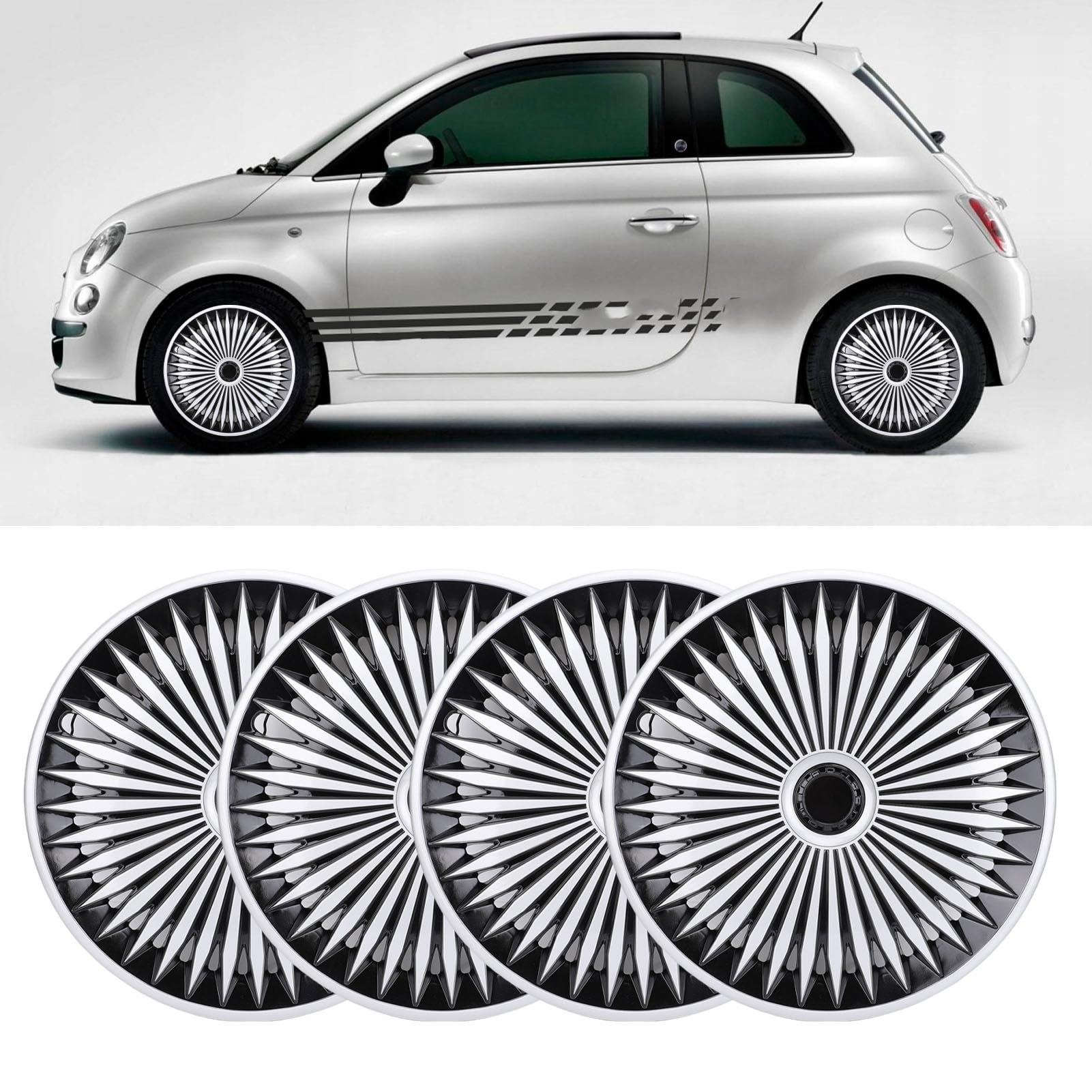 Fockety Coprimozzo da 17 Pollici, Set di 4 Copricerchi Universali a Scatto, Copricerchioni di Ricambio in Plastico ABS Resistente per la Maggior Parte delle Auto, Camion, SUV (Argento Nero)