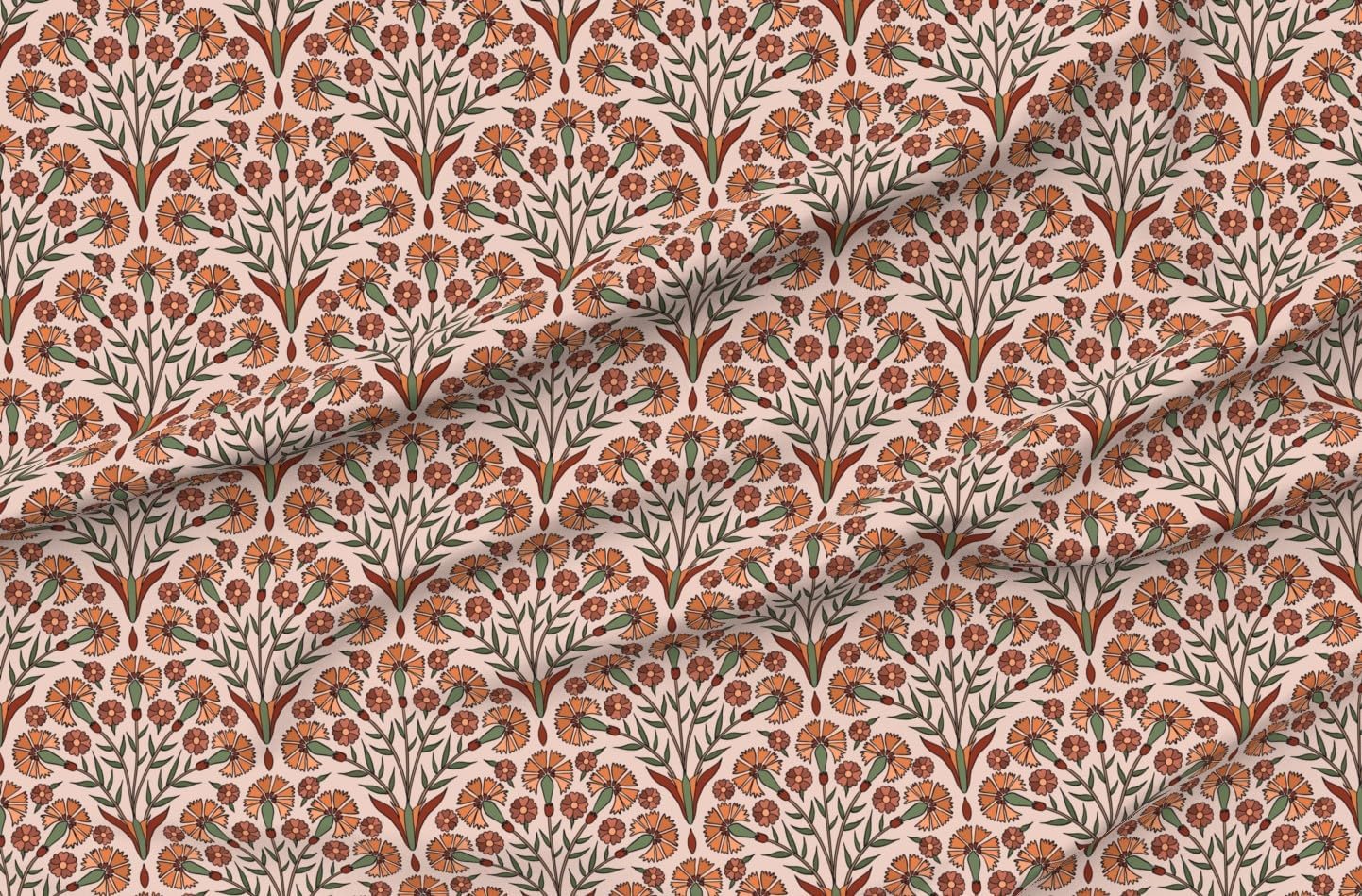 Spoonflower Fabric - Floral Art Deco Elegant Damask Bohemian Carnations Peach Rust Sage Printed on Petal Cotton Fabric Fat Quarter - Sewing Quilting Apparel Crafts Decor