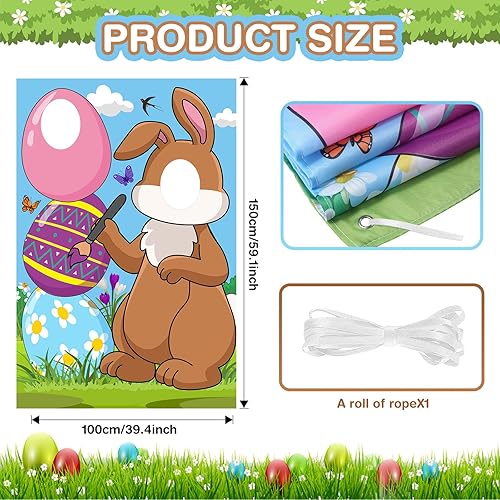 Miniatura 2 de Irenare Cartel de puerta de fotos de conejo de Pascua, tela grande, accesorios de fotos de feliz Pascua, fondo de cara de conejo de huevo, 59 x 39.4