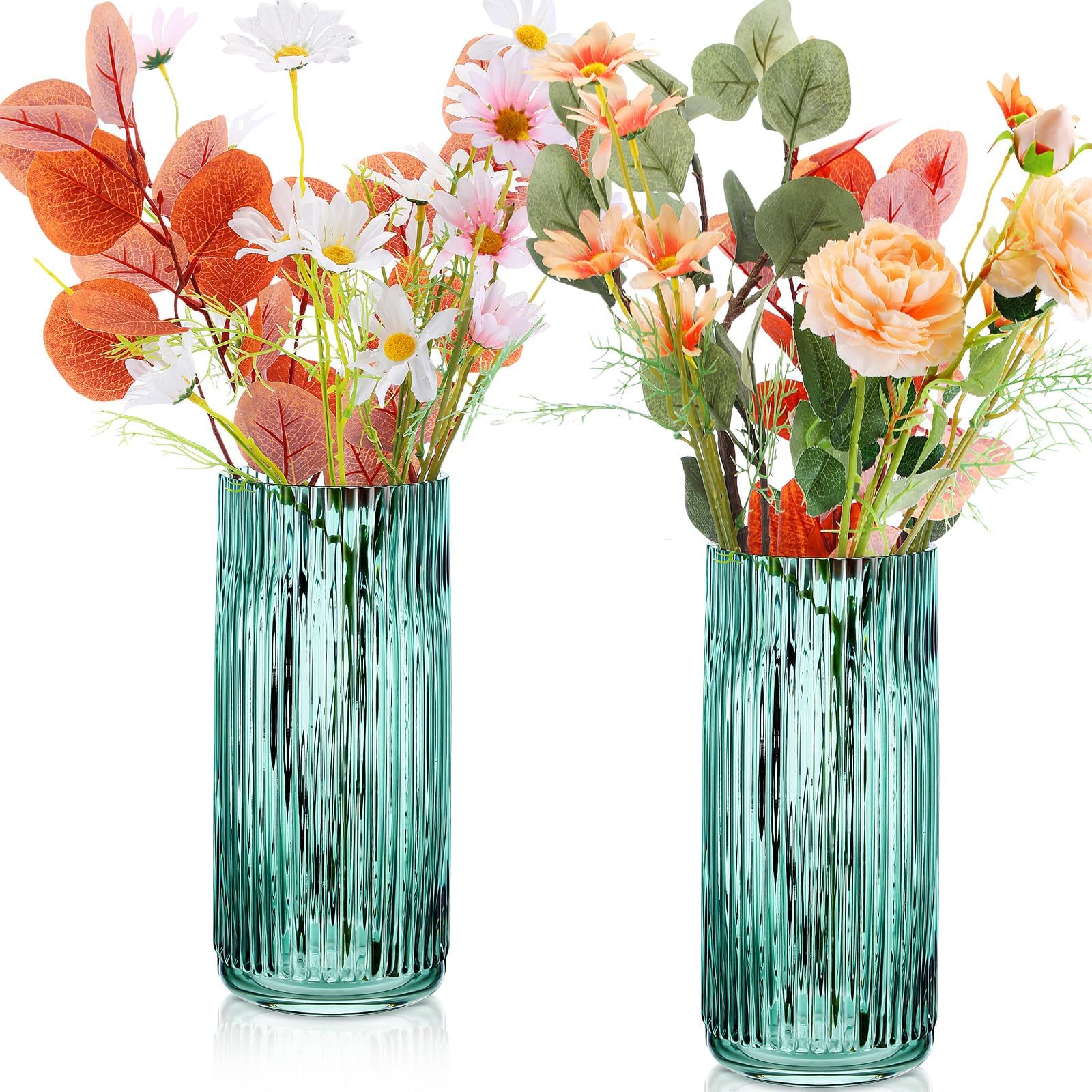 Hsei 2 Pack 9.8 Inch Thickened Glass Flower Vase Transparent Vintage Green Flower Vase Clear Ribbed Vase Round Vintage Striped Bottles for Dining Table Office Bookshelf Decorative Centerpiece Decor