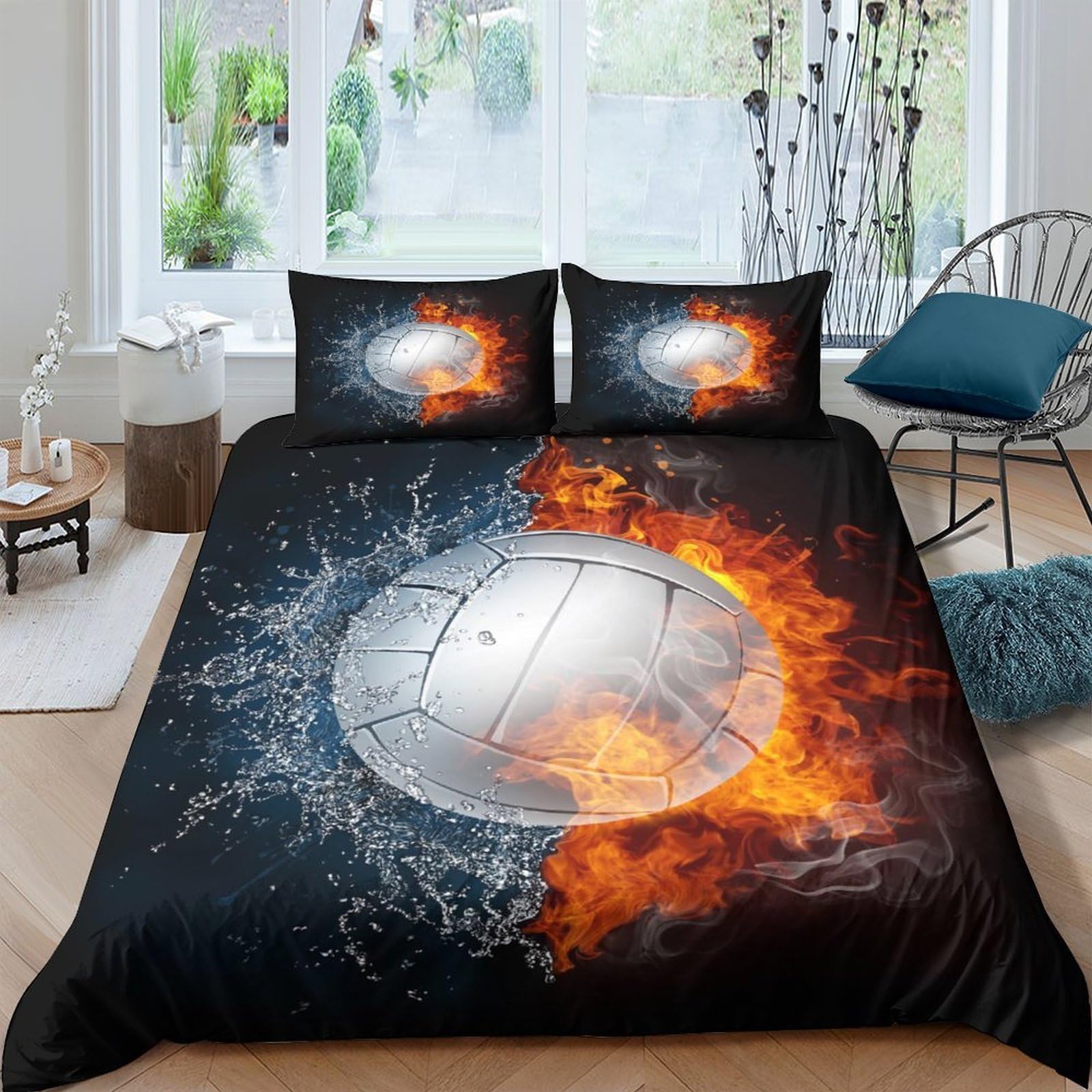 Ctjqhvkz Style-10 3D Printed Fire And Water Volleyball Fitted Sheet Microfiber Soft Breathable Bed Cover For Bedroom Dorm Mattress Decor Single（135X200cm）