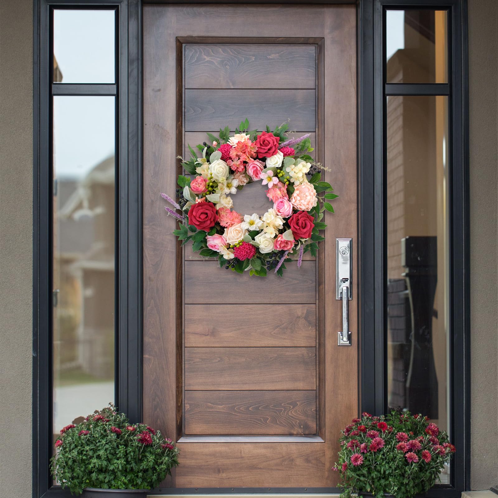 TEMPUS Corona De Primavera Y Verano Para Puerta Delantera, Corona Floral  Artificial De 22 Pulgadas Con Rosas, Peonías, Hojas De Hortensias Para  Decoración De Pared, Boda, Fiesta, Hogar, Casa De Campo, image size:1600x1600
