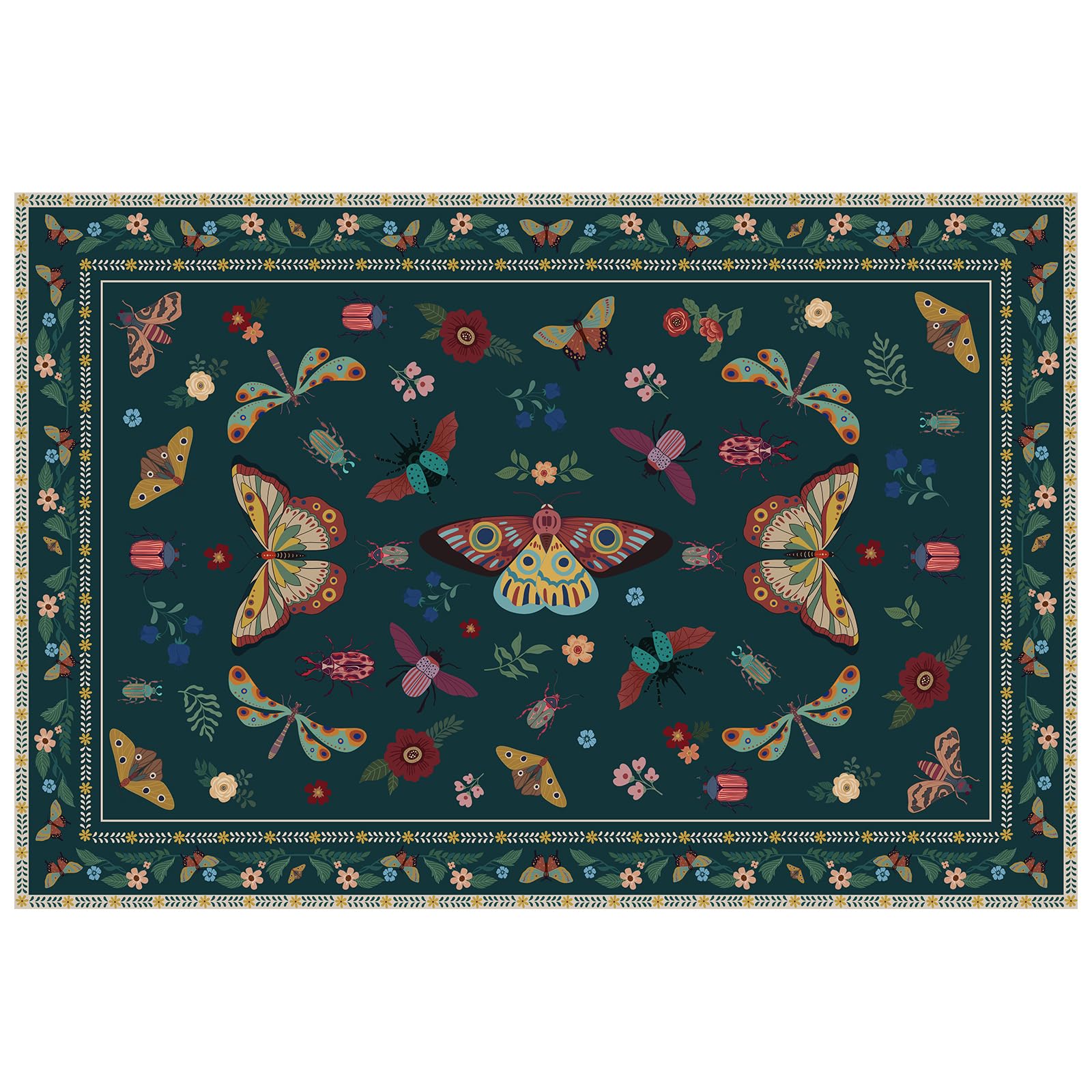 MOSISO Tapis 121 x 182 cm pour Salon, Doux Antidérapant, Vintage Papillons & Insectes Fausse Laine Faible Mèches, Lavable Rectangulaire, pour Salon/Chambre/Salle à Manger,Vert