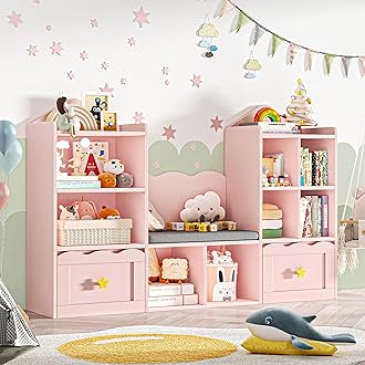 FACBOTALL Kids Bookshelf with Reading Nook, Kids Bookcase with Soft Cushion Seat, 2 Wheels Drawers and 8 Storage Cubbies, Toy Storage Organizer for Kid's Room Playroom, Bedroom, School, Pink