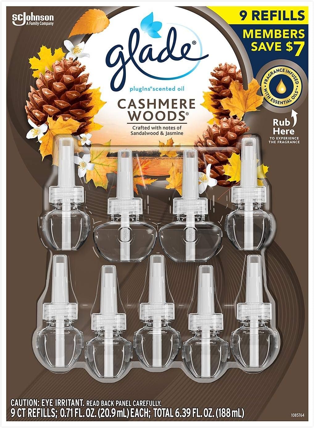 Glade PlugIns Scented Oil Refill, Essential Oil Infused Wall Plug in, 6.39 fl. oz, 9 ct. (Cashmere Woods)