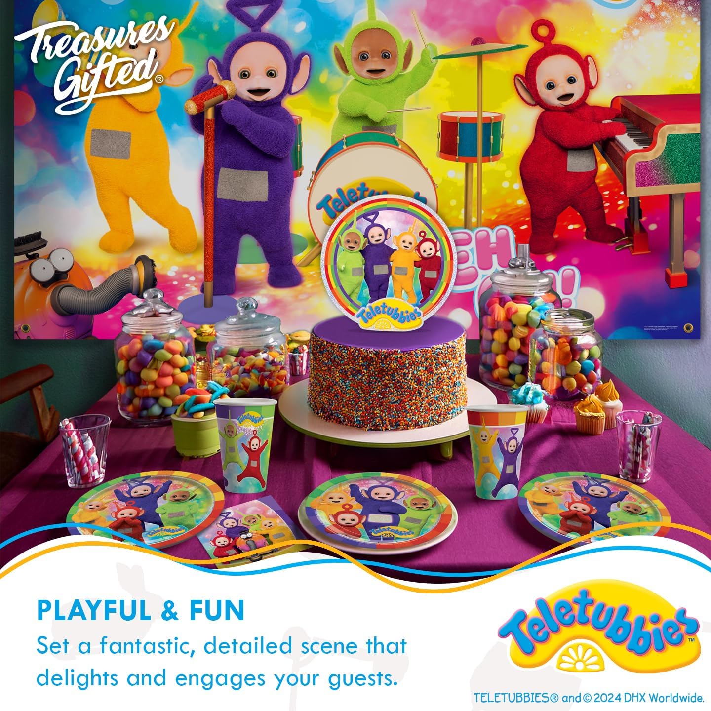 Treasures Gifted Officially Licensed Teletubbies Birthday Party Decorations - Serves 16 Guests - Complete Set Teletubbies Party Supplies - Plates, Napkins, Tablecloth, Banners