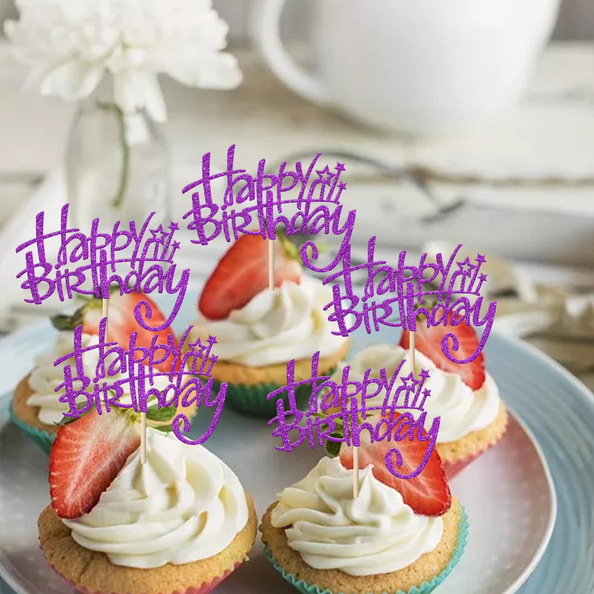 24 Pack Happy Birthday Glitter Cupcake Toppers - Purple, Food Safe Picks For Party Decor