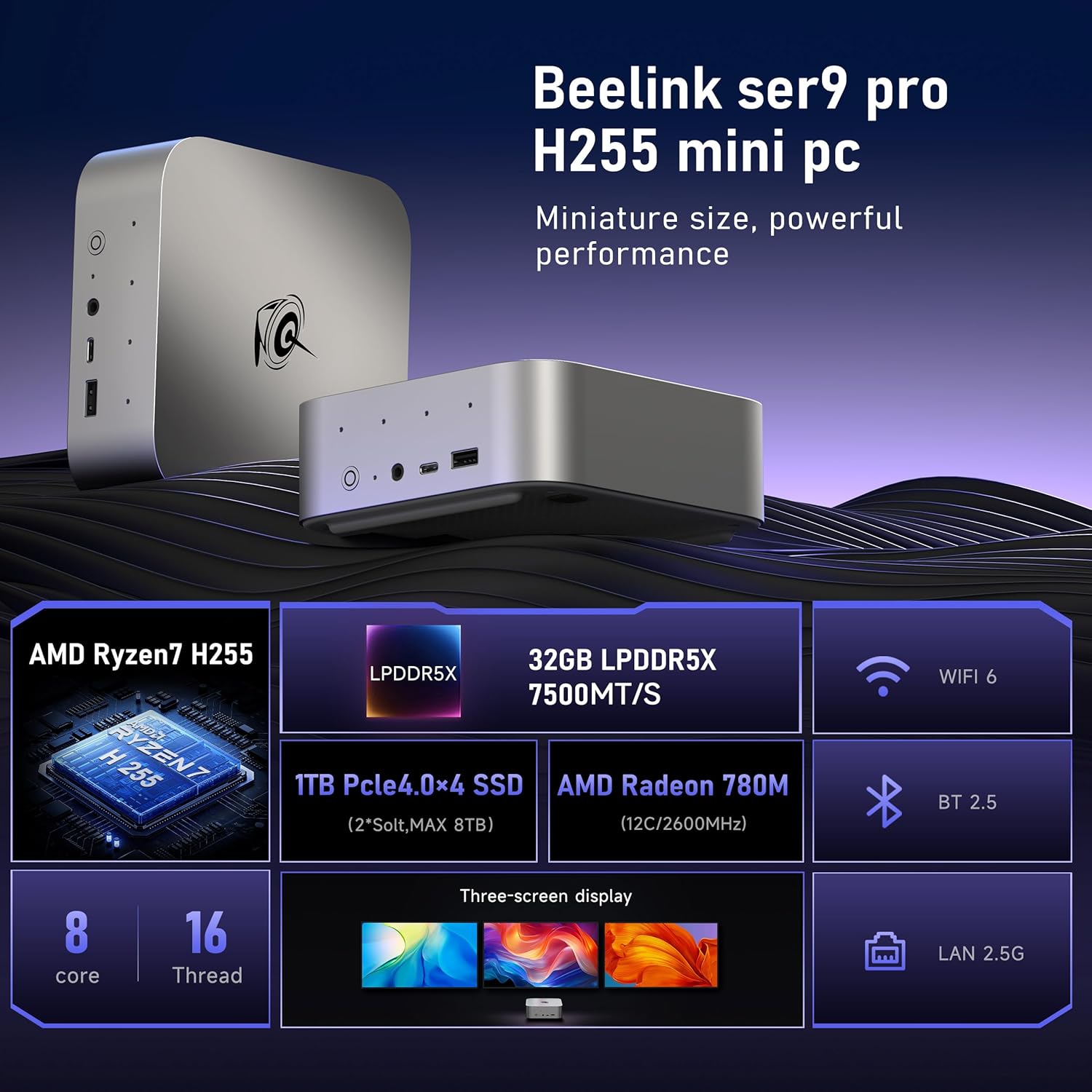 Beelink SER9 Pro+ Mini PC, AMD Ryzen 7 H 255 (up to 4.9GHz, 8C/16T), AMD Radeon 780M Graphics, 32GB LPDDR5X RAM 7500MT/s, 1TB PCIe4.0 SSD, USB4/2.5G LAN/WiFi6/BT5.2, Gaming/Office Mini Computer