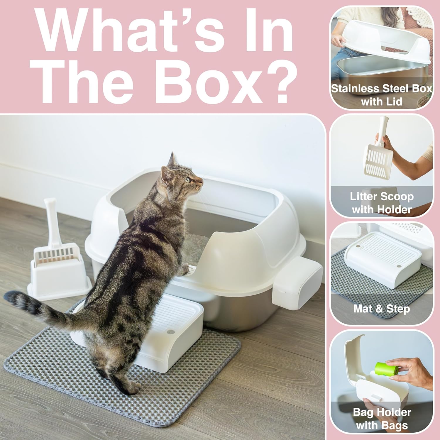 Enclosed Stainless Steel Cat Litter Box with High Sides for Large Cats, Large Litter Box with Lid, Anti Leak, Anti Odor, Non Stick, Easy Clean