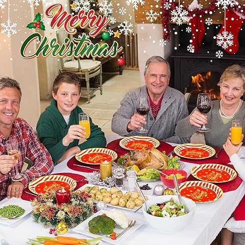 Miniatura 5 de DYLIVeS Platos de papel de Navidad a rayas rojas y doradas, 80 platos decorativos de Navidad, platos desechables para cena navideña, suministros de