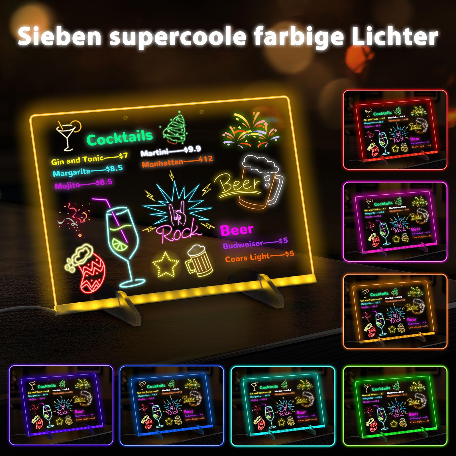 BlueSwan Led Zeichenbrett, Spielzeug für Kinder mit 12 Farben Einstellbar 7 Licht Modi, Komplettset inkl, Ständer & Kette, Abwischbar für Maltafel Zaubertafel, kreatives Geschenk, Memo, Café, Zuhause