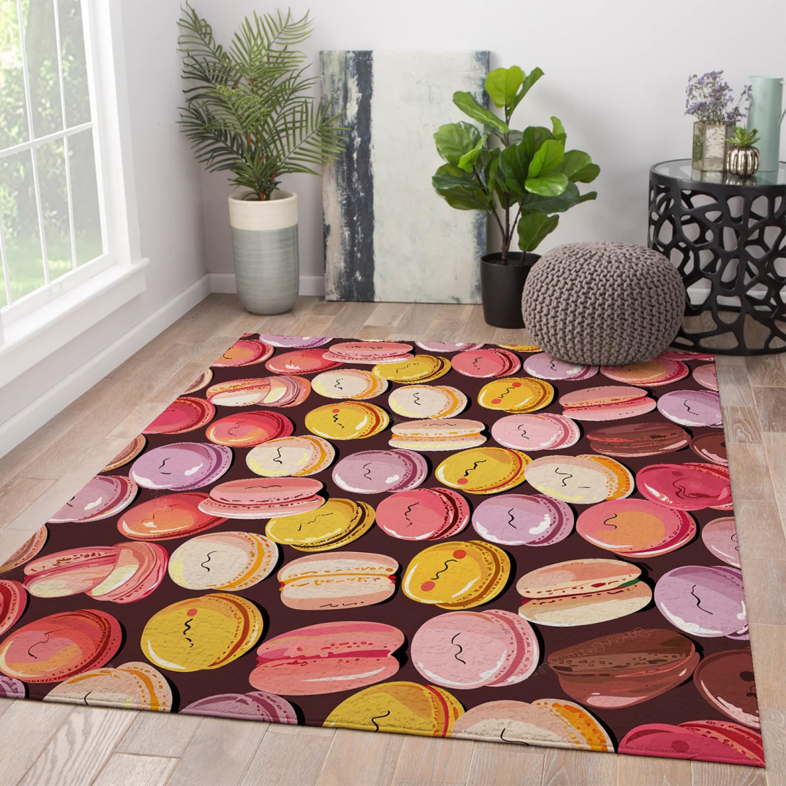 Tapis de Style Anime de Dessin animé 180x270cm - coloré Mignon Macaron pâtisserie Biscuits Motif Machine Lavable antidérapant à Poils Ras Mince Tapis pour café