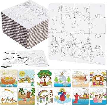 24 Pack Christian Color Your Own Jigsaw Puzzles for Kids,Jesus DIY Paper Jigsaw for Jesus Sunday School Classroom Party Favor Church GiftsBible Jigsaw