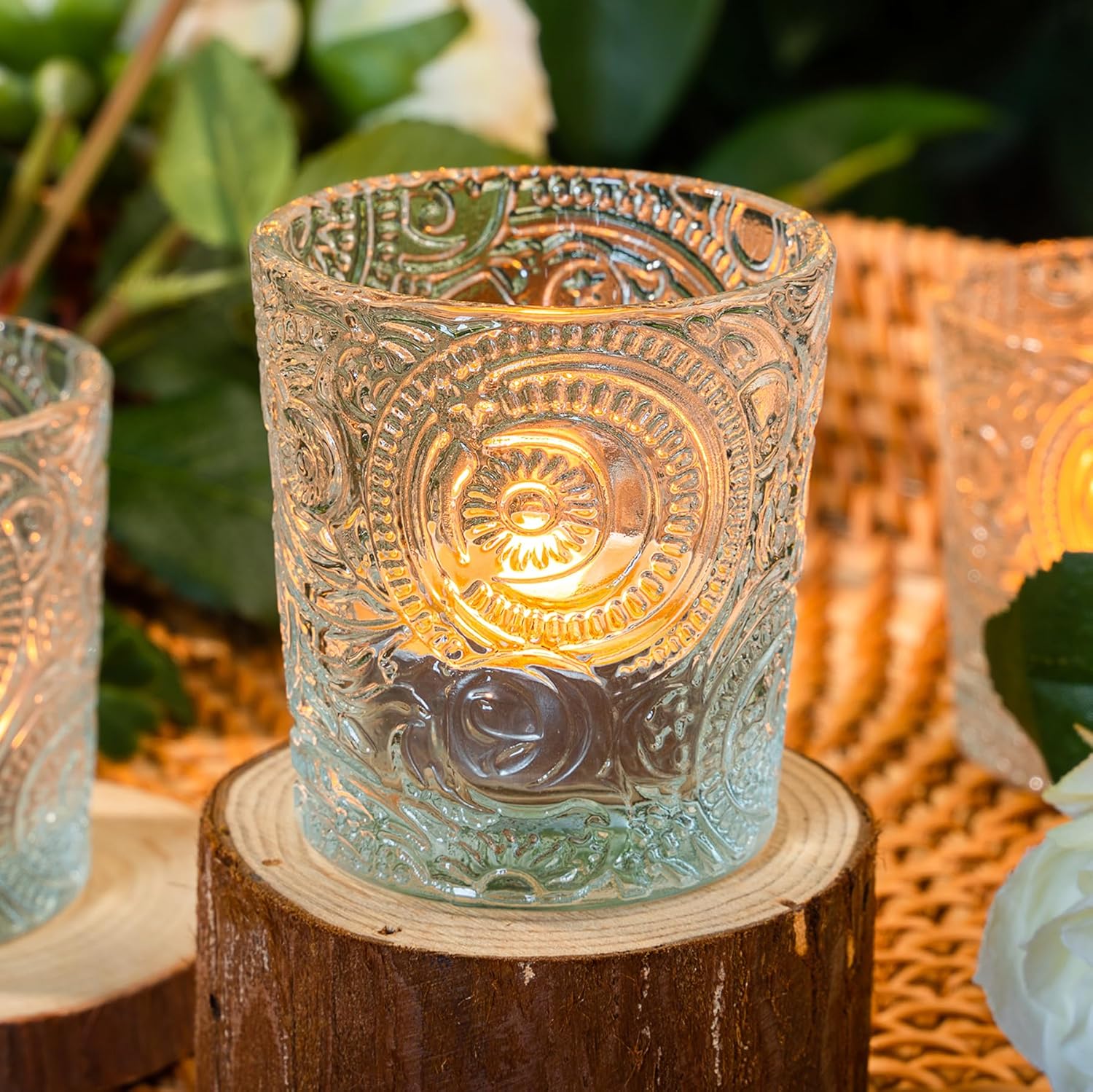 28 Pack Sun Moon Star Embossed Glass Tea Light Candle Holders - Votive Candle Holders for Wedding, Party, Home Decor, and Table Centerpieces (Clear Glass)