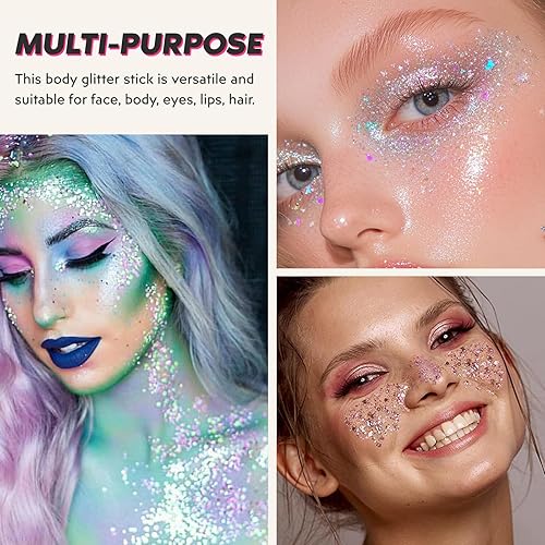 Red Green and White Christmas Body & Face Glitter Stick,【Waterproof】【Long-Lasting】【Sparkling】 for Singer Concert Outfits, Festival Rave Mermaid Accessories Chunky Glitter Makeup for Women (09#)(Purple)