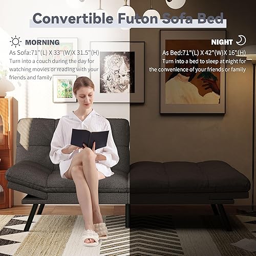 Miniatura 25 de Vyfipt Sofá cama tipo futón, sofá pequeño de espuma viscoelástica de piel sintética para sala de estar, sofá biplaza moderno con reposabrazos Negro