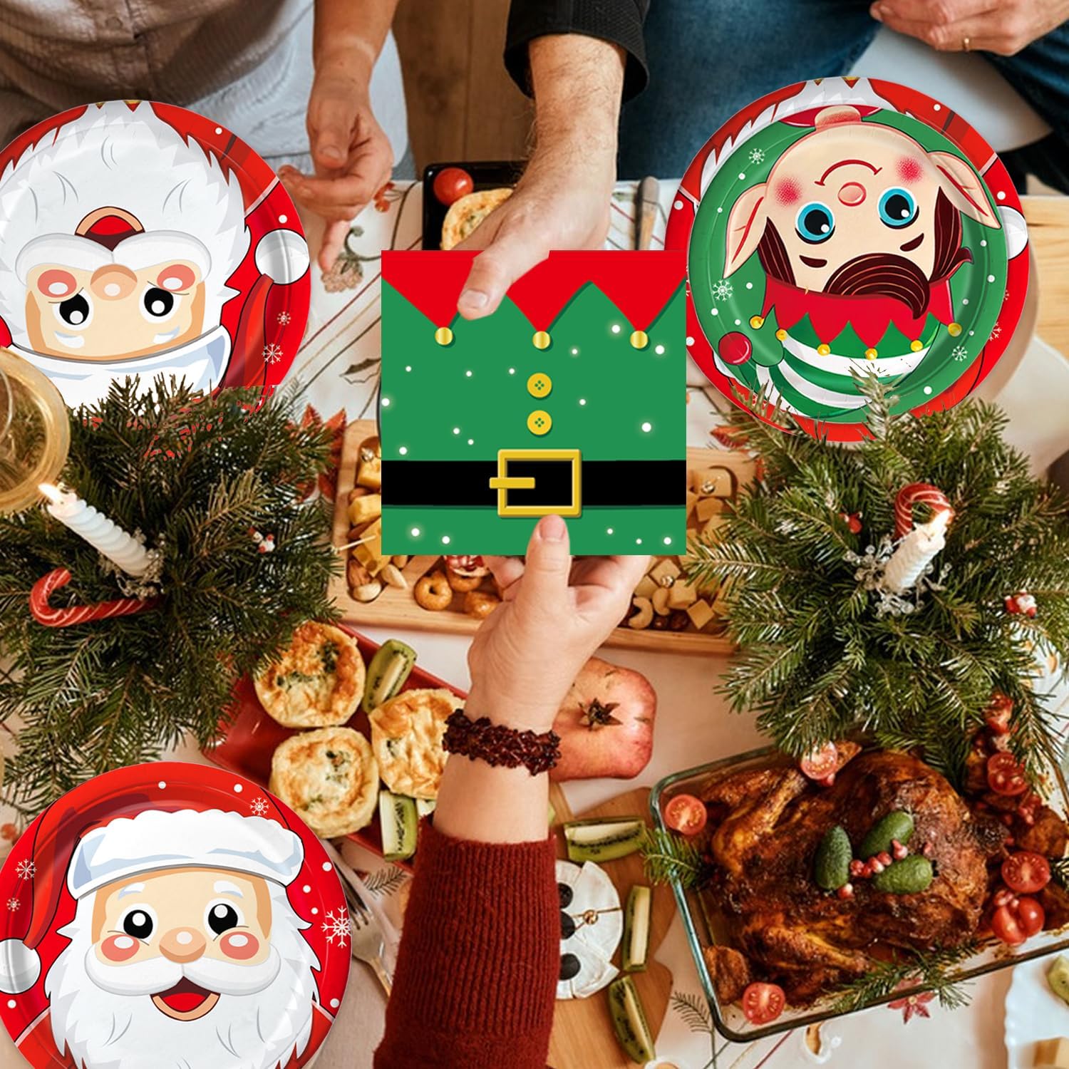 144 PCS Christmas Party Decorations - Christmas Party Supplies Set Includes Paper Plates, Napkins, Cups, Forks, Knives for Holiday Xmas Party Decorations, Serves 24