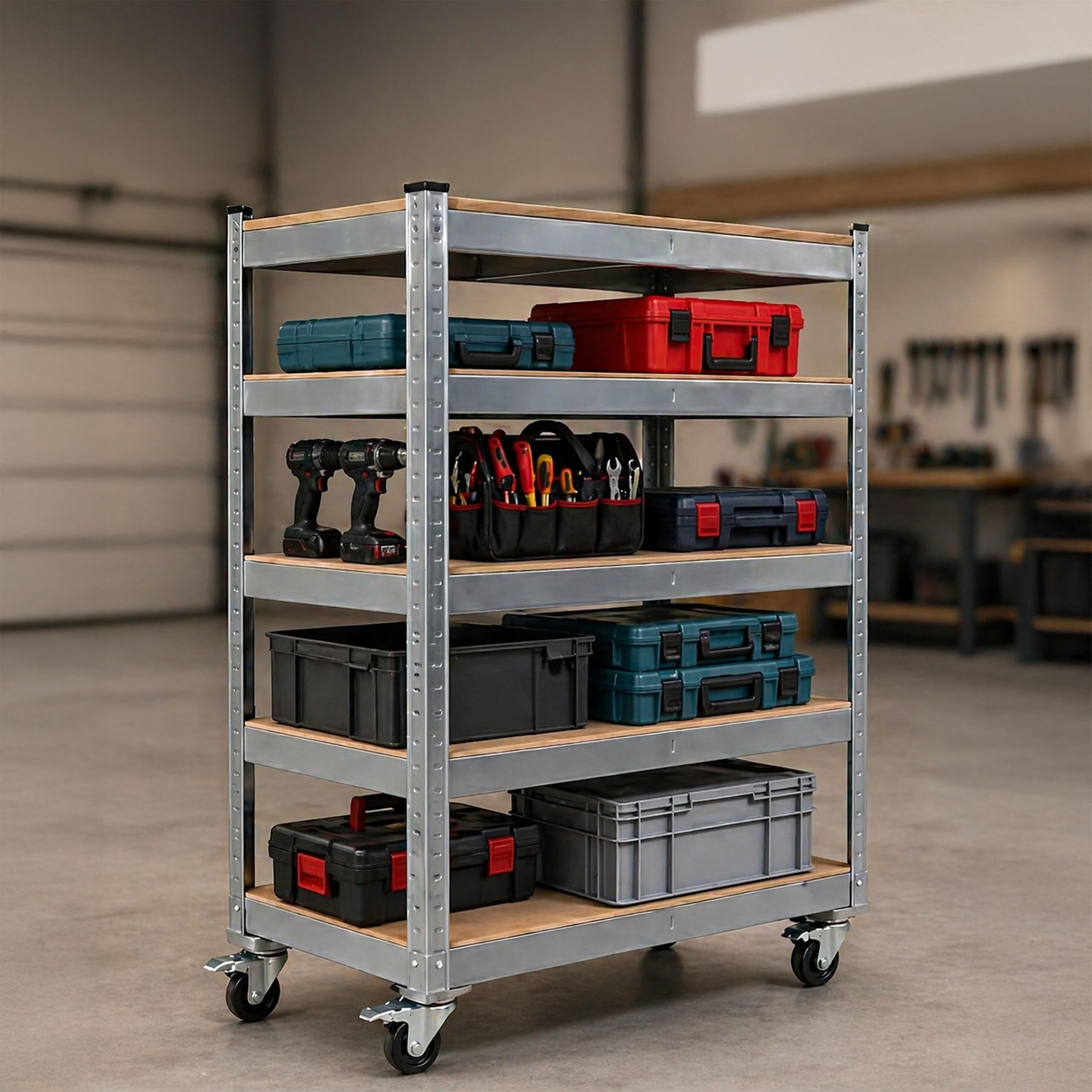 Relaxdays Carro de 5 Niveles, Ruedas con Freno, hasta 750 kg, HBT: 110x90x45 cm, Carro de Taller móvil, Acero, Plateado