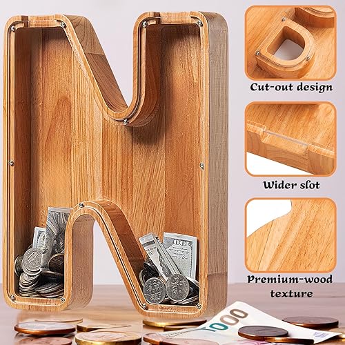 Miniatura 2 de Alcancías de madera extra grandes de 12 pulgadas  Alcancías para niños y niñas, bancos de dinero del alfabeto con inicial N  Banco de billetes para