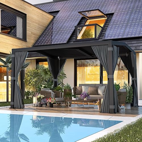 EROMMY Pérgola con listones de 11 x 13 pies, glorieta de techo rígido para exteriores con marco de aluminio y techo ajustable de metal impermeable