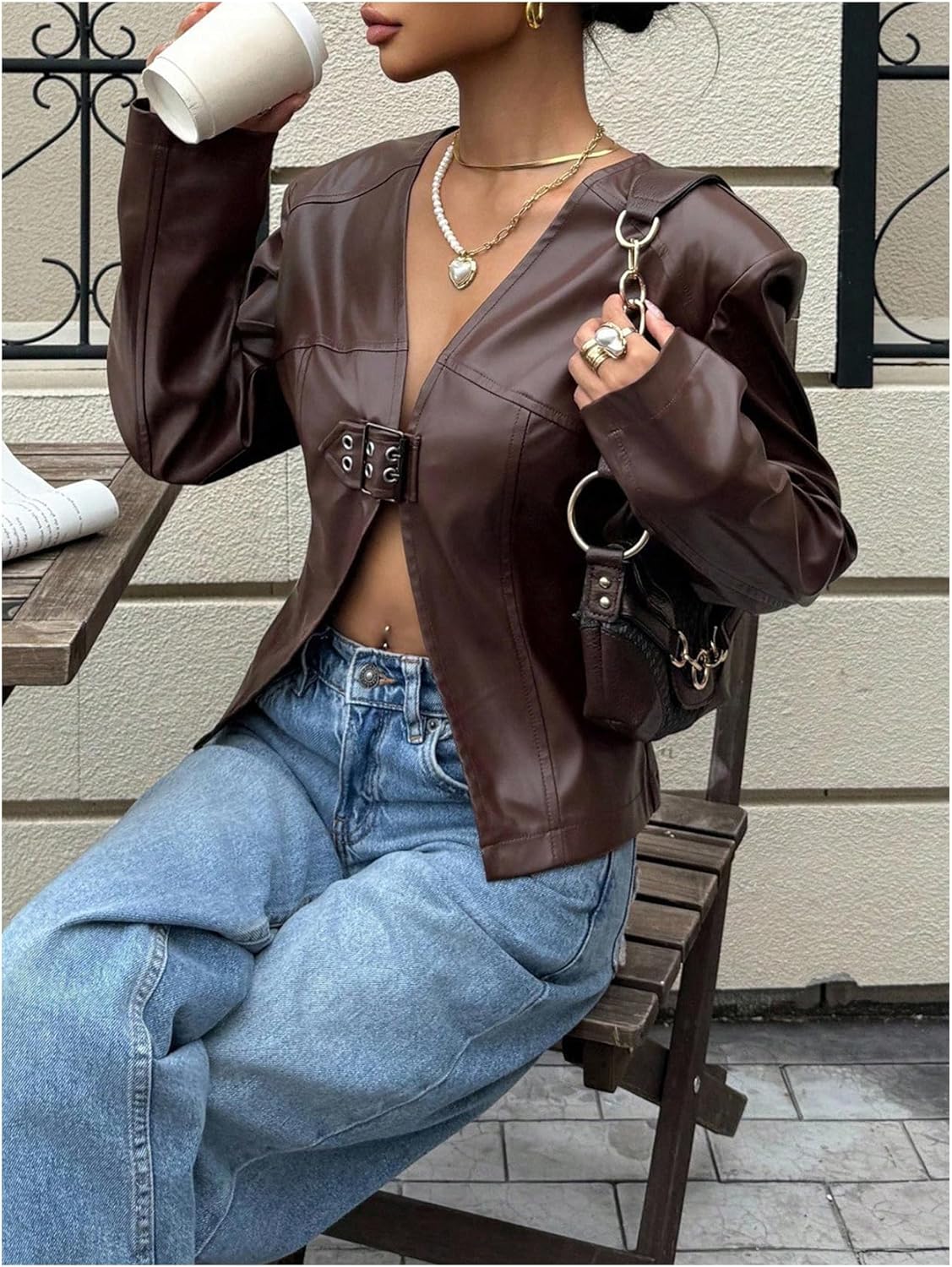 MakeMeChic Women's PU Leather Jacket V Neck Long Sleeve Coats Fall Outerwear with Belt - Image 5