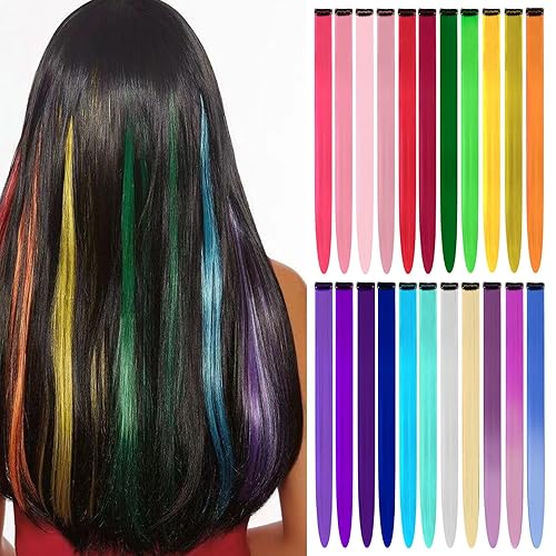 22 extensiones de cabello de colores con clip, accesorios de 22 pulgadas de largo, lacias, resistentes al calor, sintéticas, para fiestas de