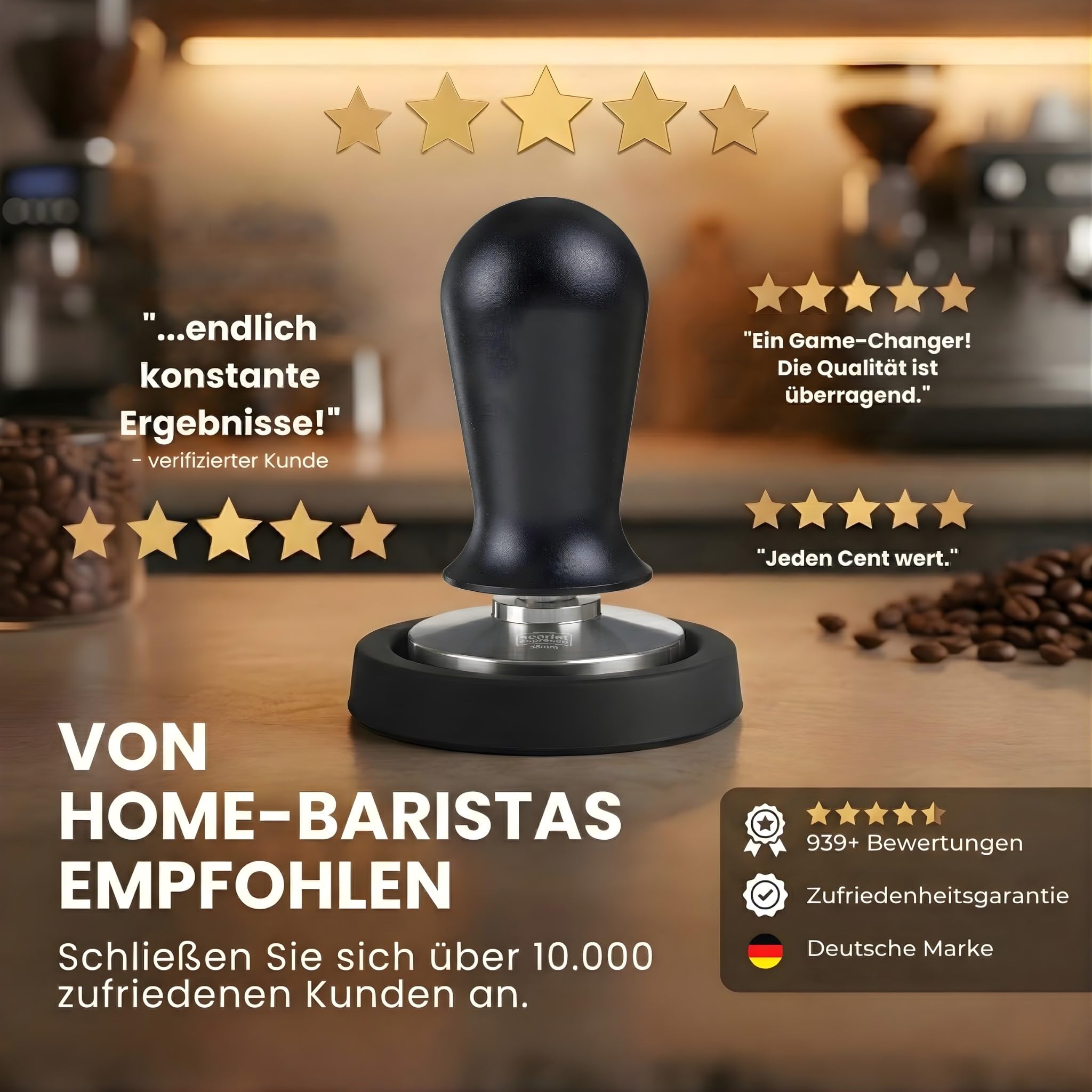 Scarlet espresso Tamper Perfetto - Pression de contact du tampon calibré à 15,8 kg - Poignée ergonomique pour porte-filtre 51 mm Noir