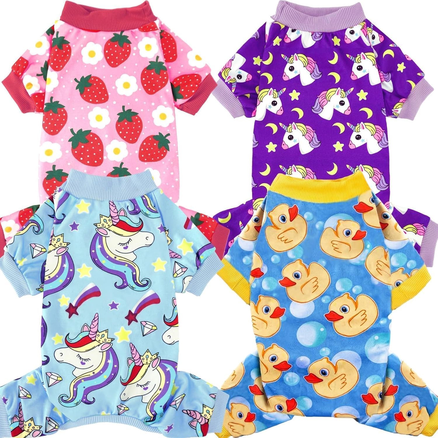 XPUDAC 2 Pieces Dog Pajamas for Small Dogs Pjs Clothes Puppy Onesies Outfits for Doggie Christmas Shirts Sleeper for Pet Duck, Strawberry, 2 Unicorn Medium(Chest-16\")
