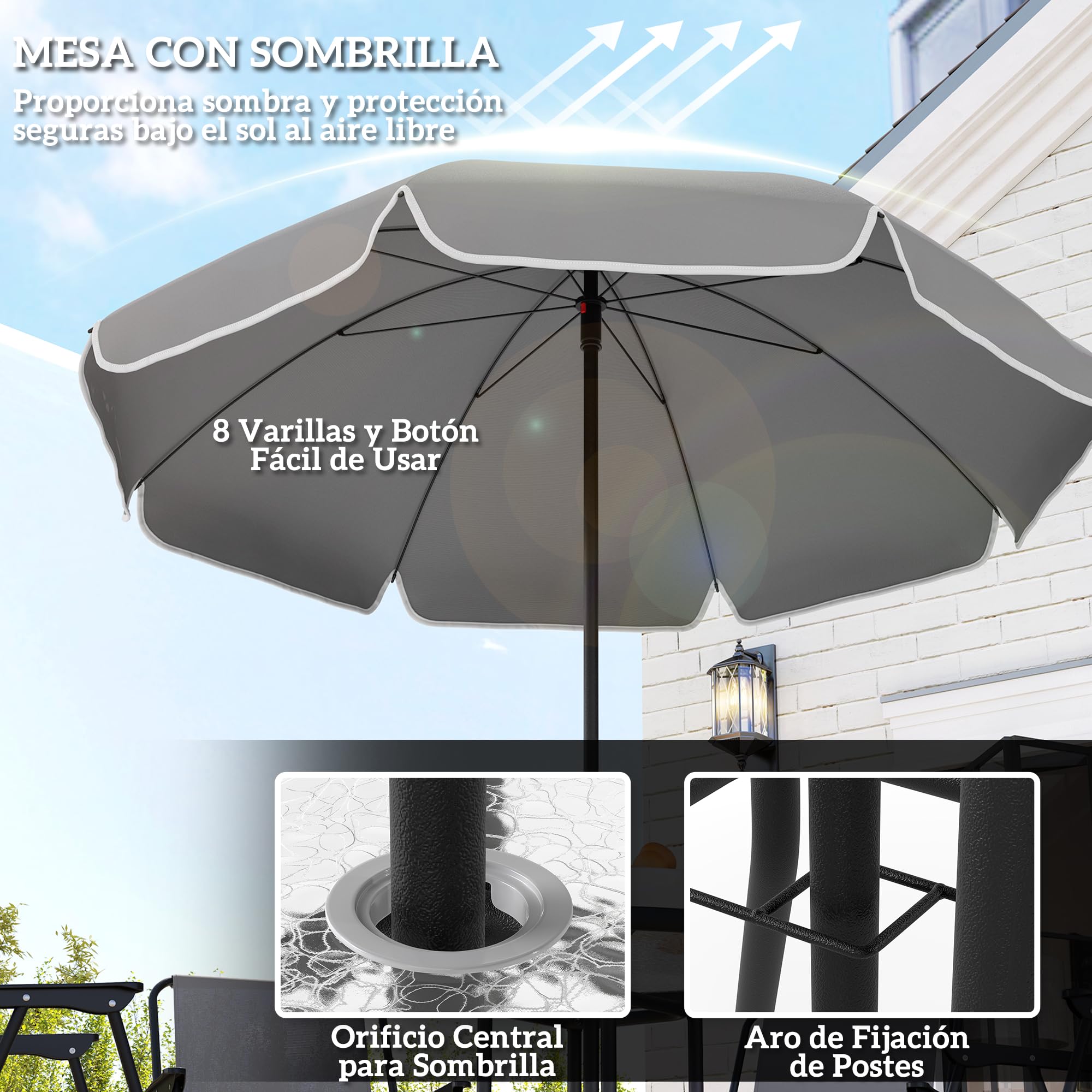 Outsunny zestaw 6-częściowy mebli ogrodowych: 4 krzesła składane, stół szklany, parasol, patio, taras, szary