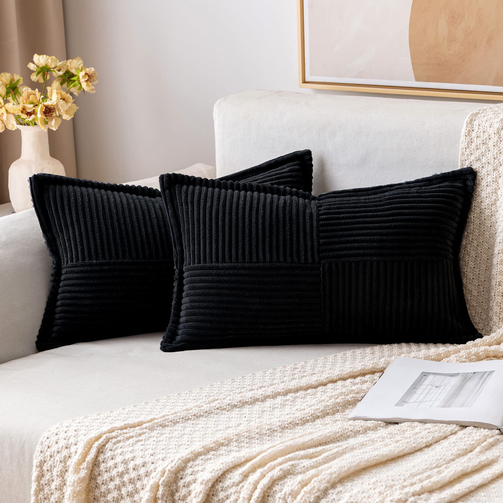 Lex's Linens Federe Per Cuscino In Velluto Riccio – Set Da 2, 43x43 Cm, Morbido Poliestere, Colore Nero, Eleganti Per Divano E Letto