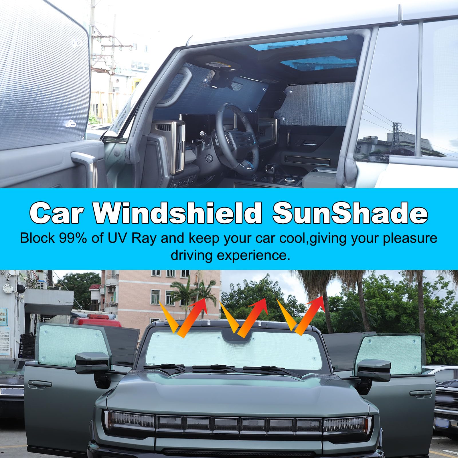 Parasol para parabrisas compatible con Hummer EV 2024 para ventana delantera y lateral, parasol para parabrisas de automóvil, parasol plegable para coche, bloquea los rayos del sol y mantiene tu coche