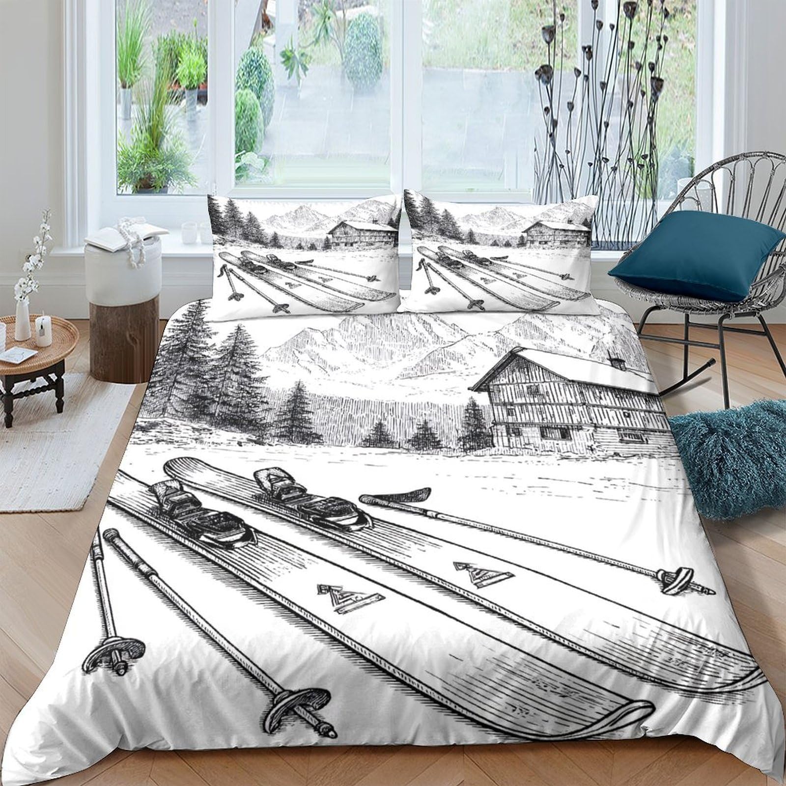 Ctjqhvkz Style-9 3D Printed Ski Chalet Winter Fitted Sheet Microfiber Scenic Mountain Cabin Bed Cover For Bedroom Dorm Home Decor Single（135X200cm）