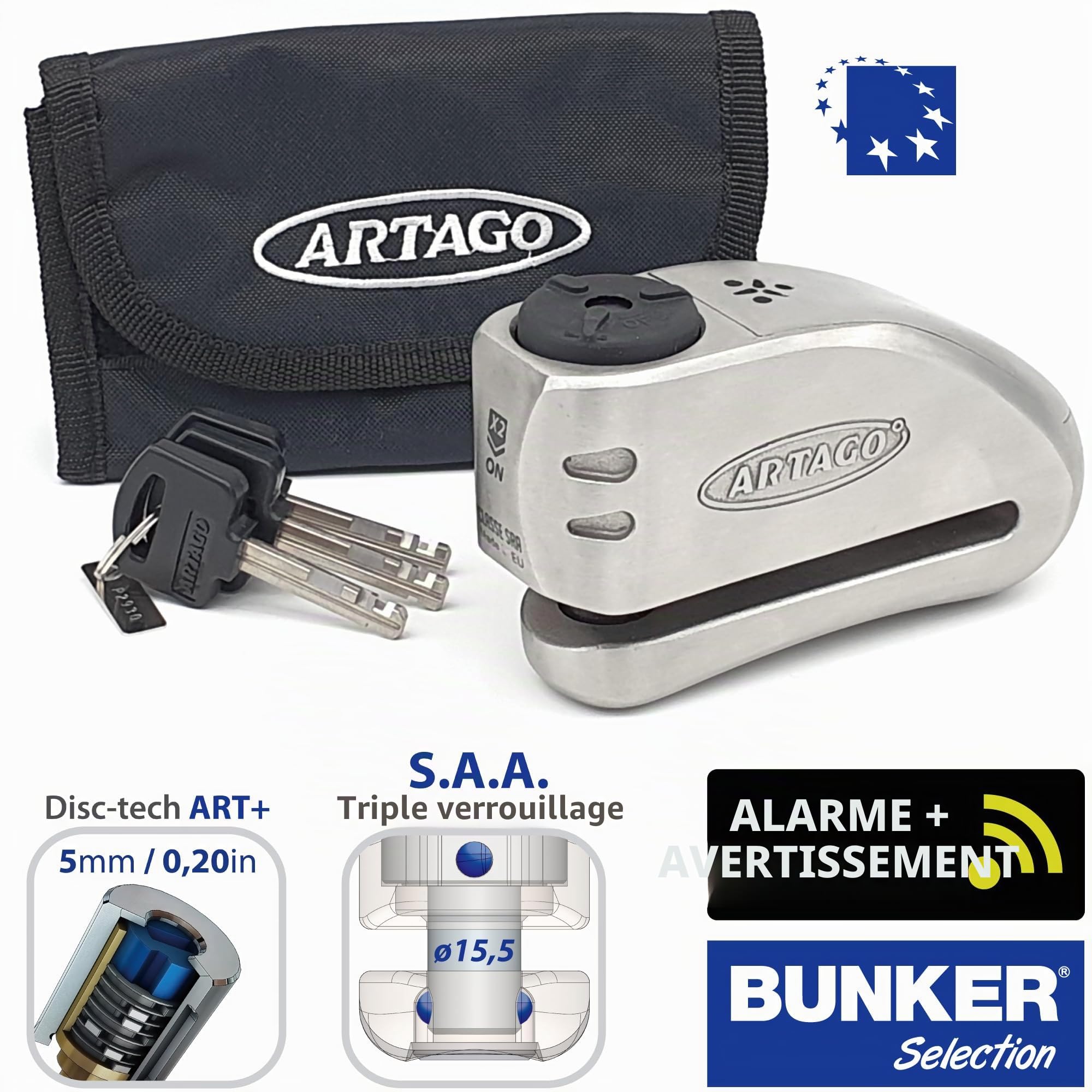Artago 32S2 Pack Antivol Bloque-Disque avec Alarme 120db Haute Sécurité + Support pour Yamaha MT-07 et Tracer 700, Homologué SRA, Acier