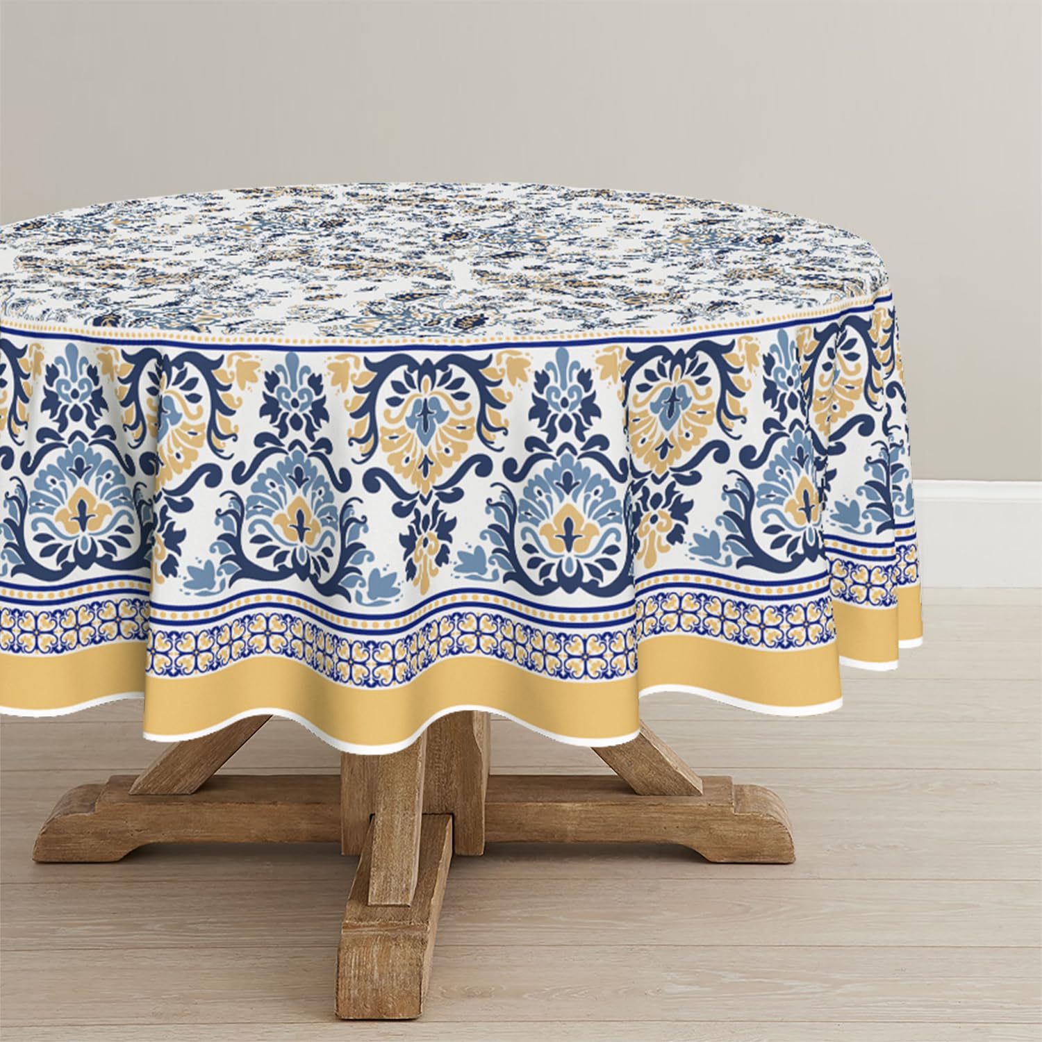 Photo 1 of Horaldaily Provence Arabesque Tablecloth 60x60 Inch Round, Yellow and Blue Floral Rustic Washable Seasonal Table Cover for Party Picnic Dinner Decor