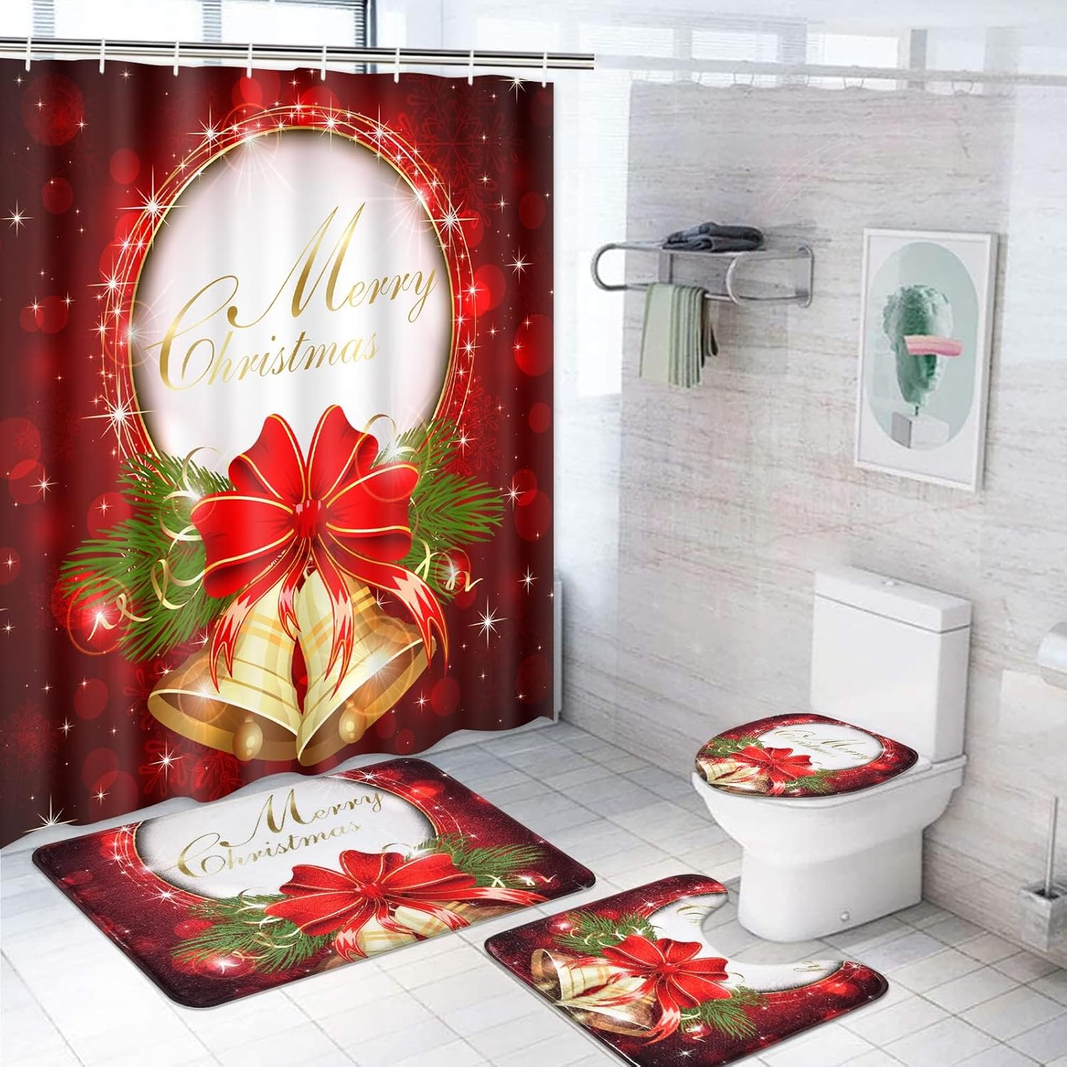 Alishomtll 4Pcs Christmas Shower Curtain Sets with NonSlip