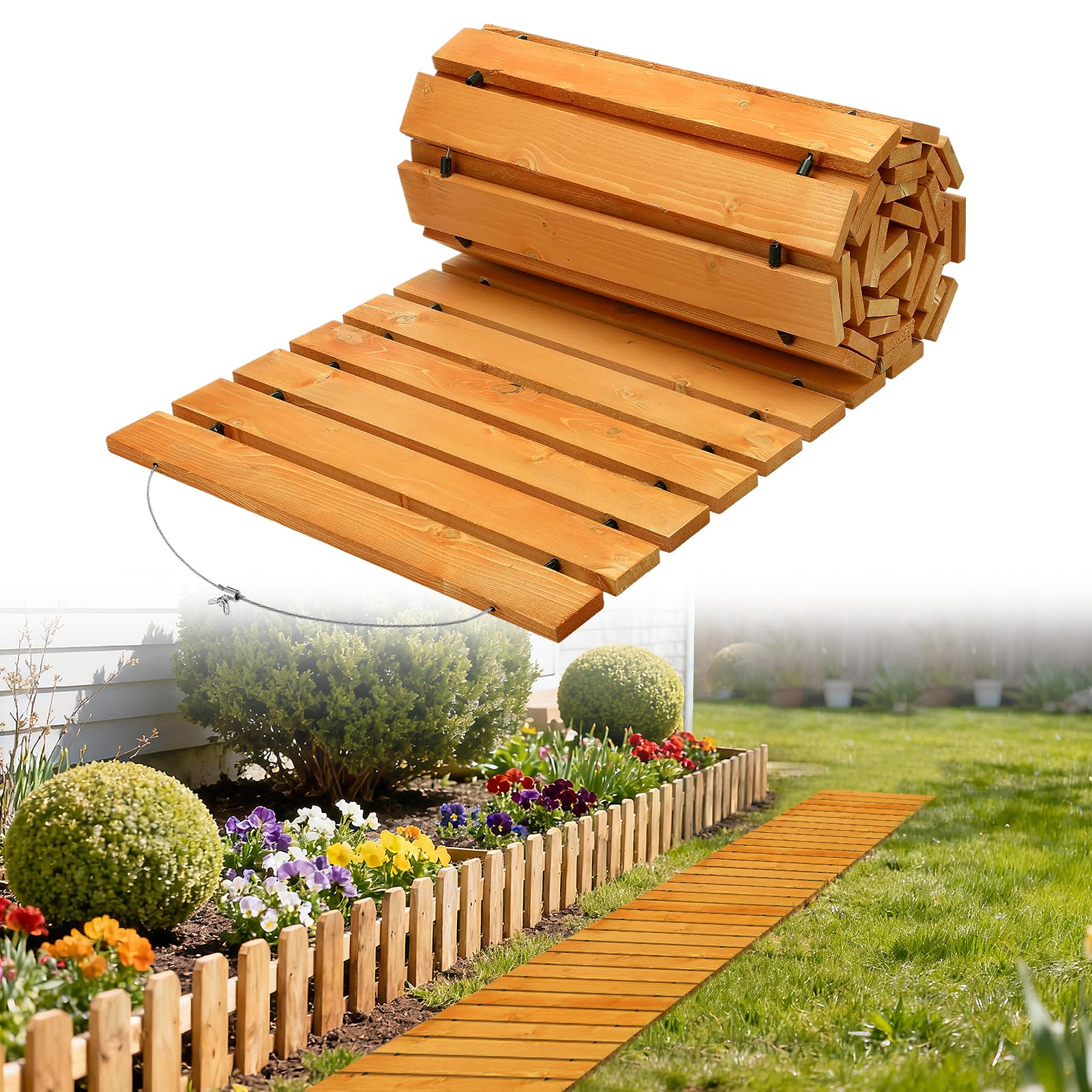 8.2ft Wooden Garden Pathway - Weather Resistant Carbonized Pine Roll Out Decorative Walkway, Boardwalk Pathway Pavers for Outside Stepping Stones