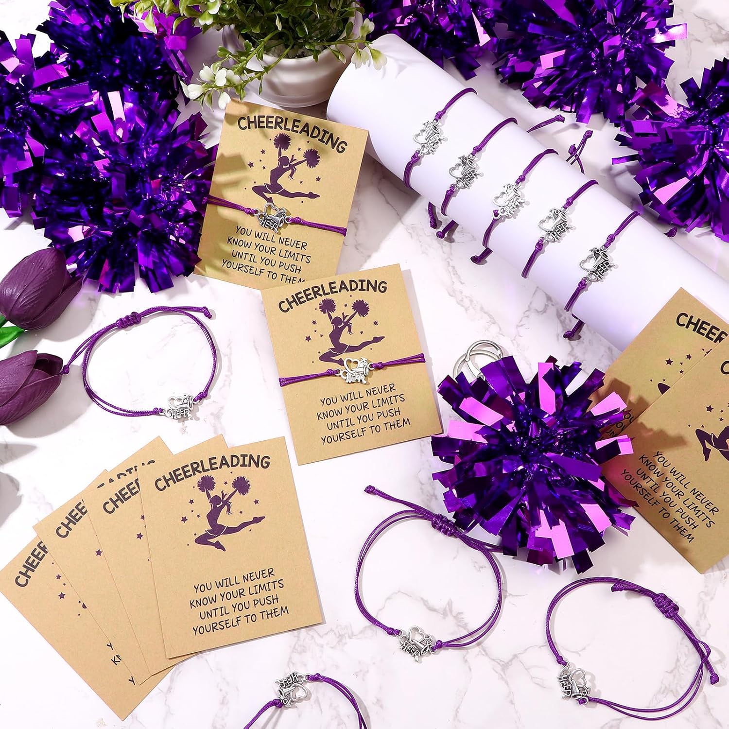 48 Pcs Cheerleader Gifts Cheer Pom Pom Keychain Cheering Bracelets Cheerleading Cards Cheer Gifts Team Sports Accessories - Image 5