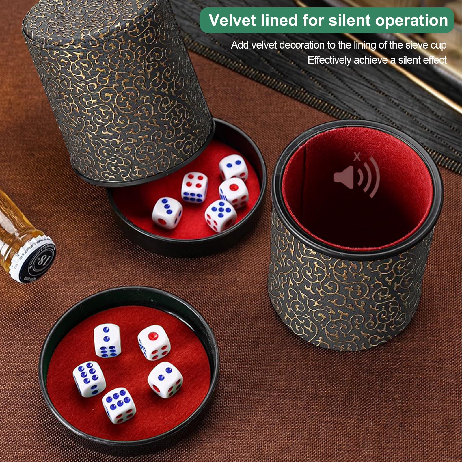 Jortmrd Leather Dice Cup with Lid, Quiet Dice Shaker for Kniffel/Yahtzee, Includes 6 Dice, Premium Leather Dice Tower - Image 4