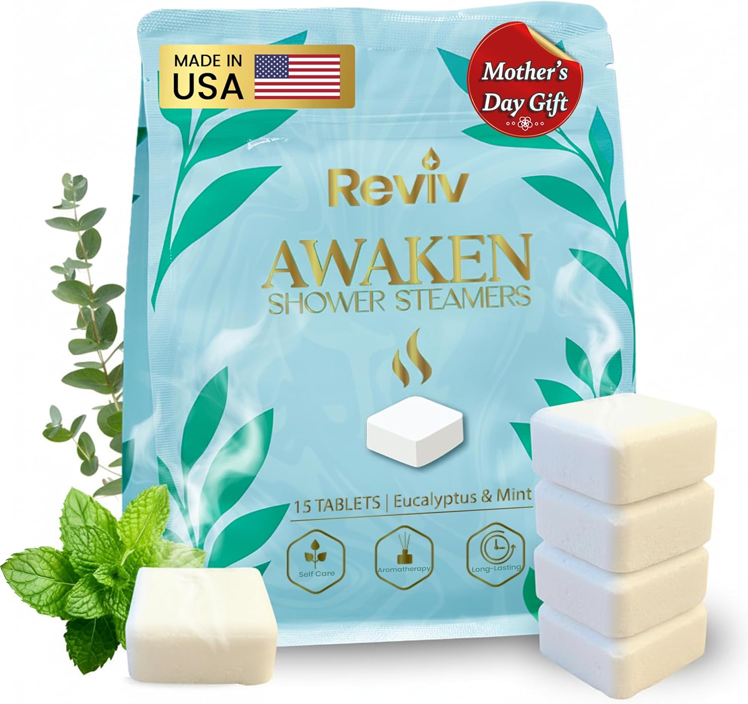 REVIV Shower Steamers Aromatherapy 15 Long-Lasting Eucalyptus & Mint Shower Bombs for Stress Relief and Sinus Support Self Care Spa Gifts for Women & Men
